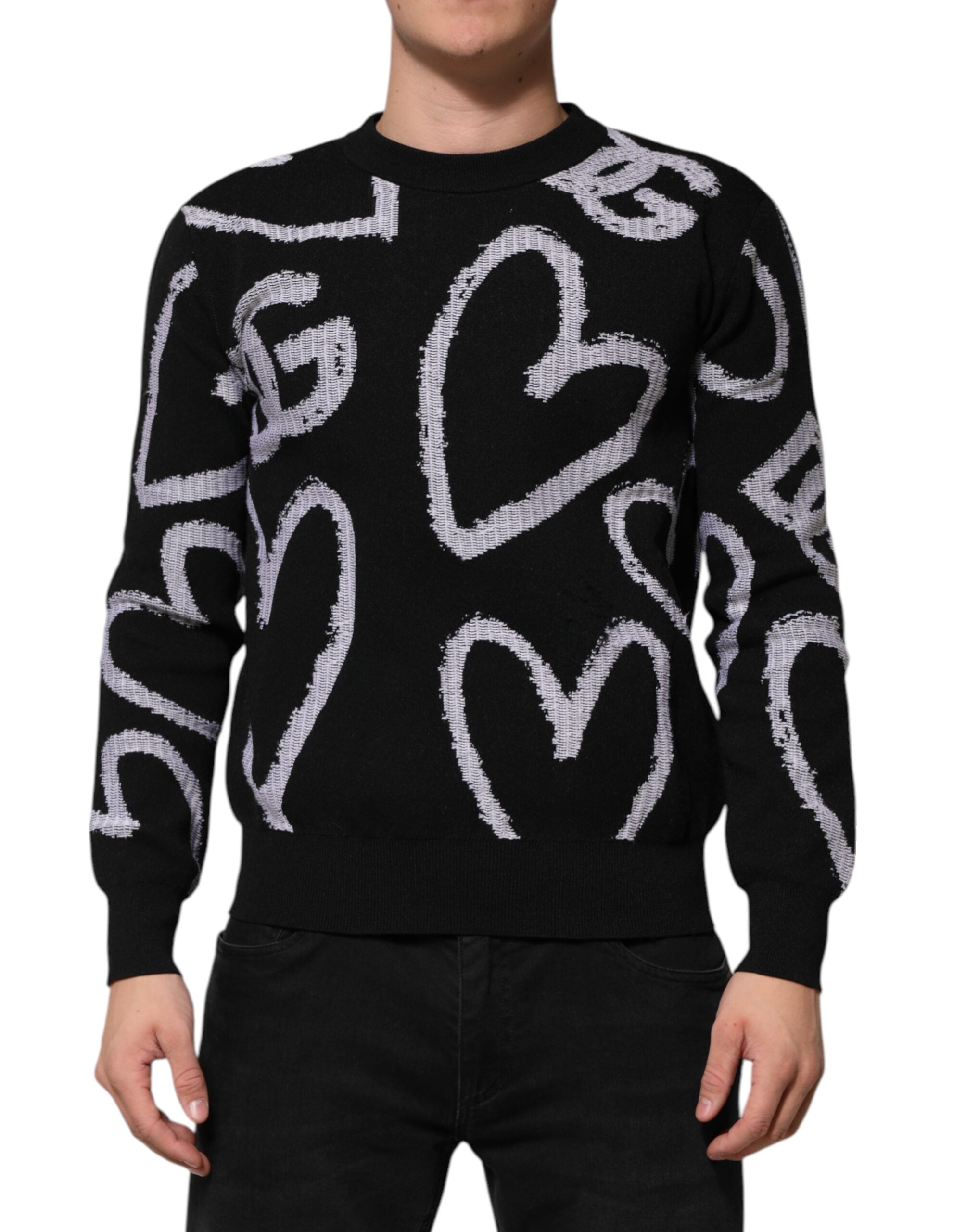 Dolce & Gabbana Black Nylon Wool Heart Print Pullover Sweater LUNESCAPE