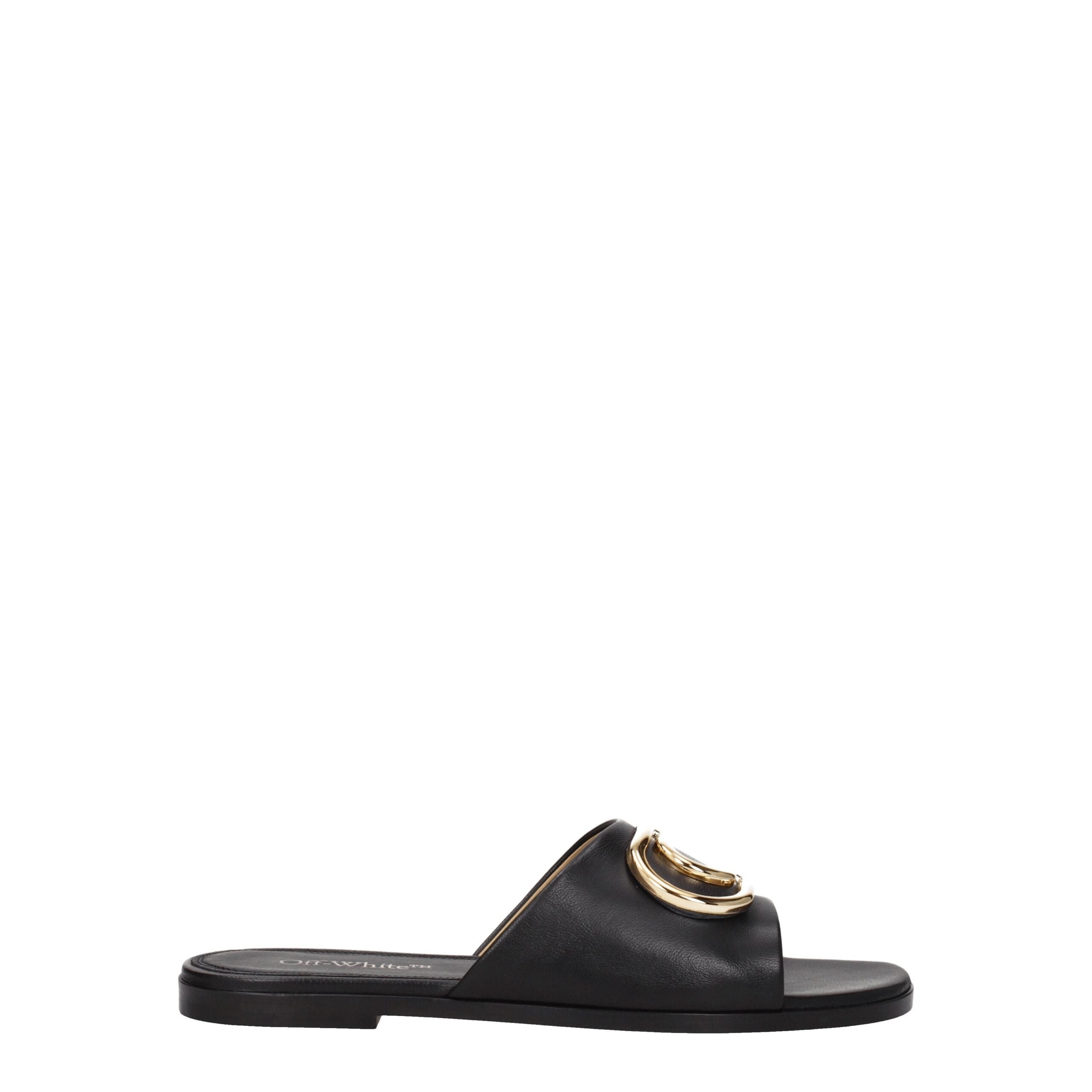 Off-White Black Leather Slippers Sandals LUNESCAPE