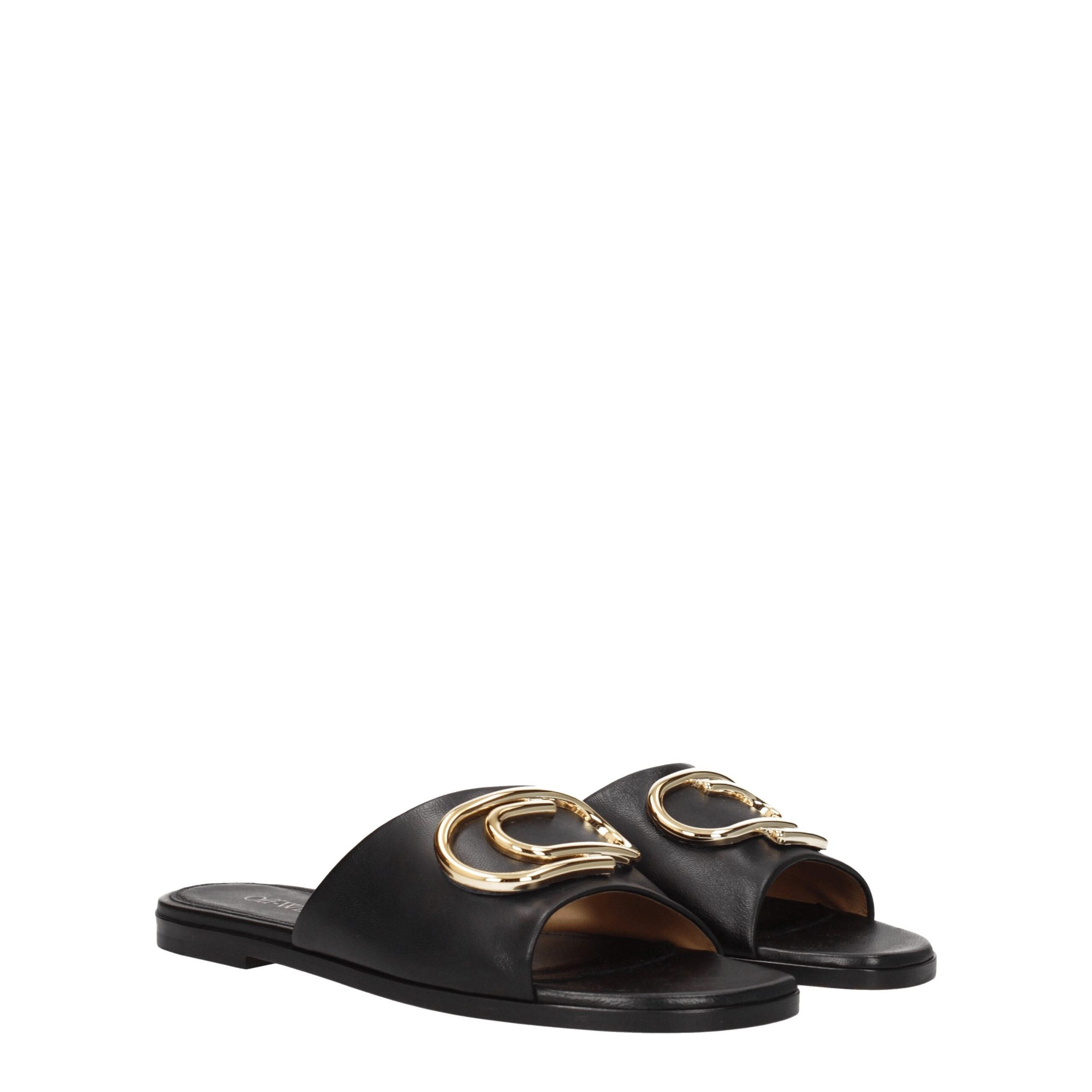 Off-White Black Leather Slippers Sandals LUNESCAPE