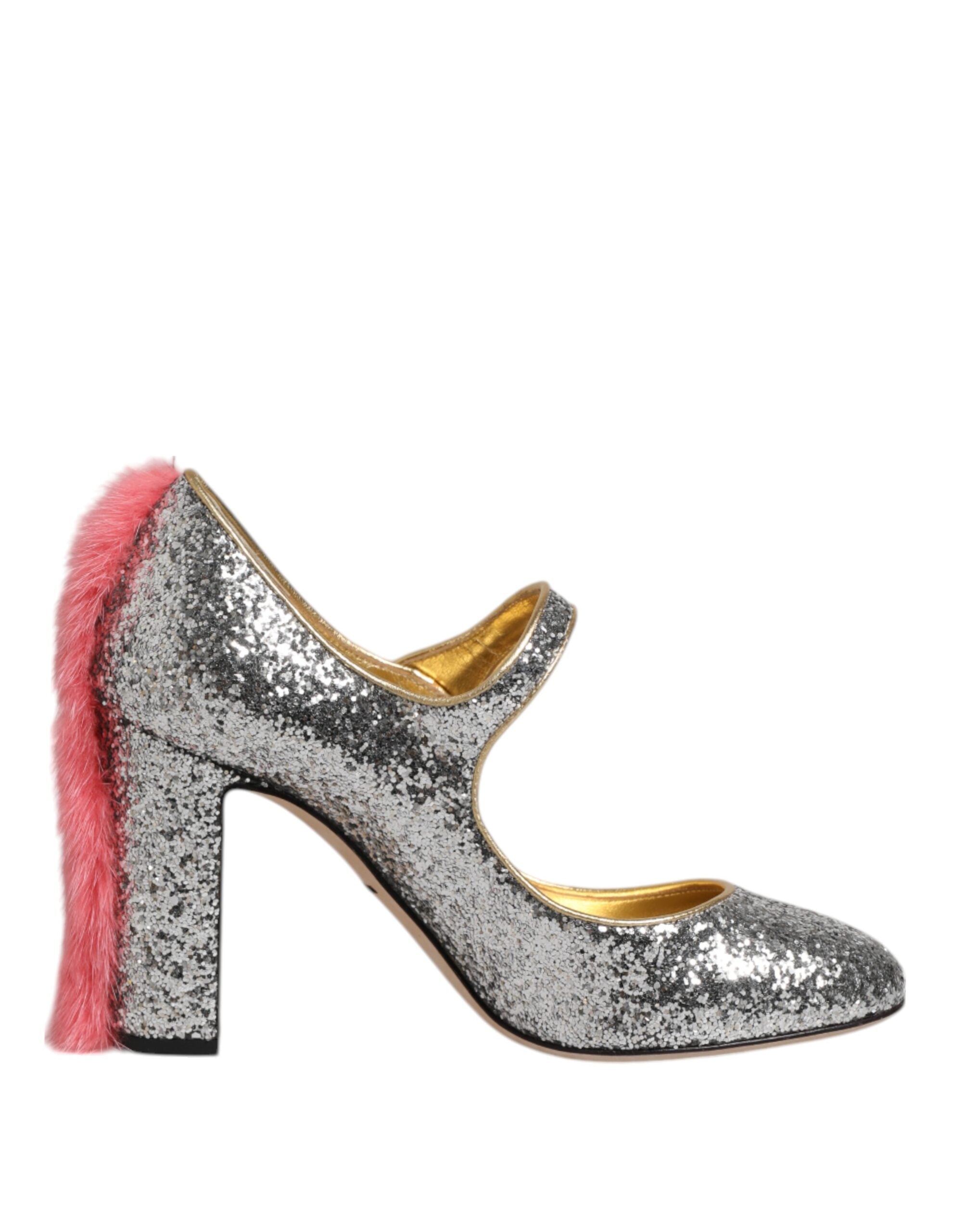 Dolce & Gabbana Silver Glitter Mink Fur VALLY Pumps Shoes LUNESCAPE