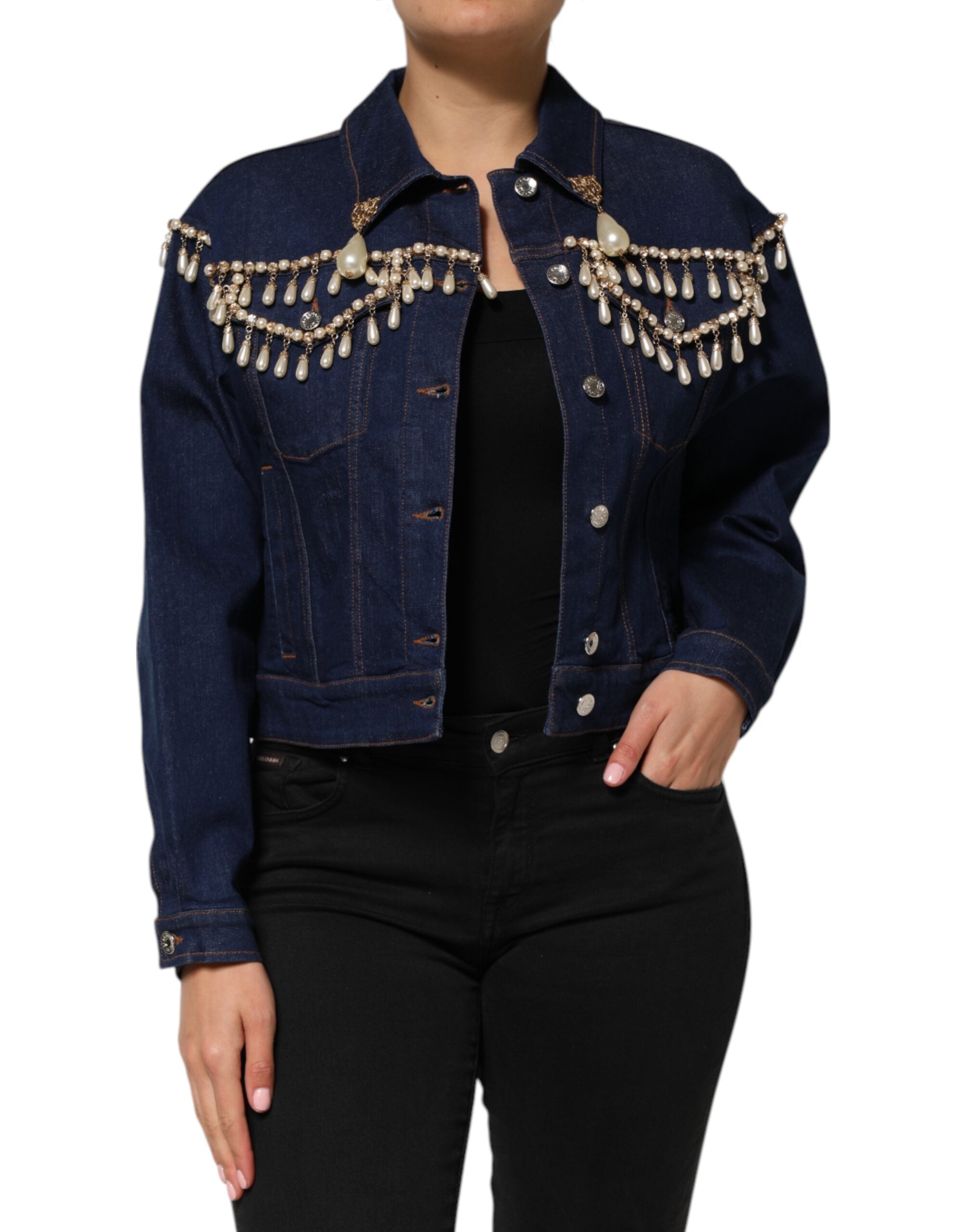 Dolce & Gabbana Blue Cotton Denim Crystal Embellished Jacket LUNESCAPE