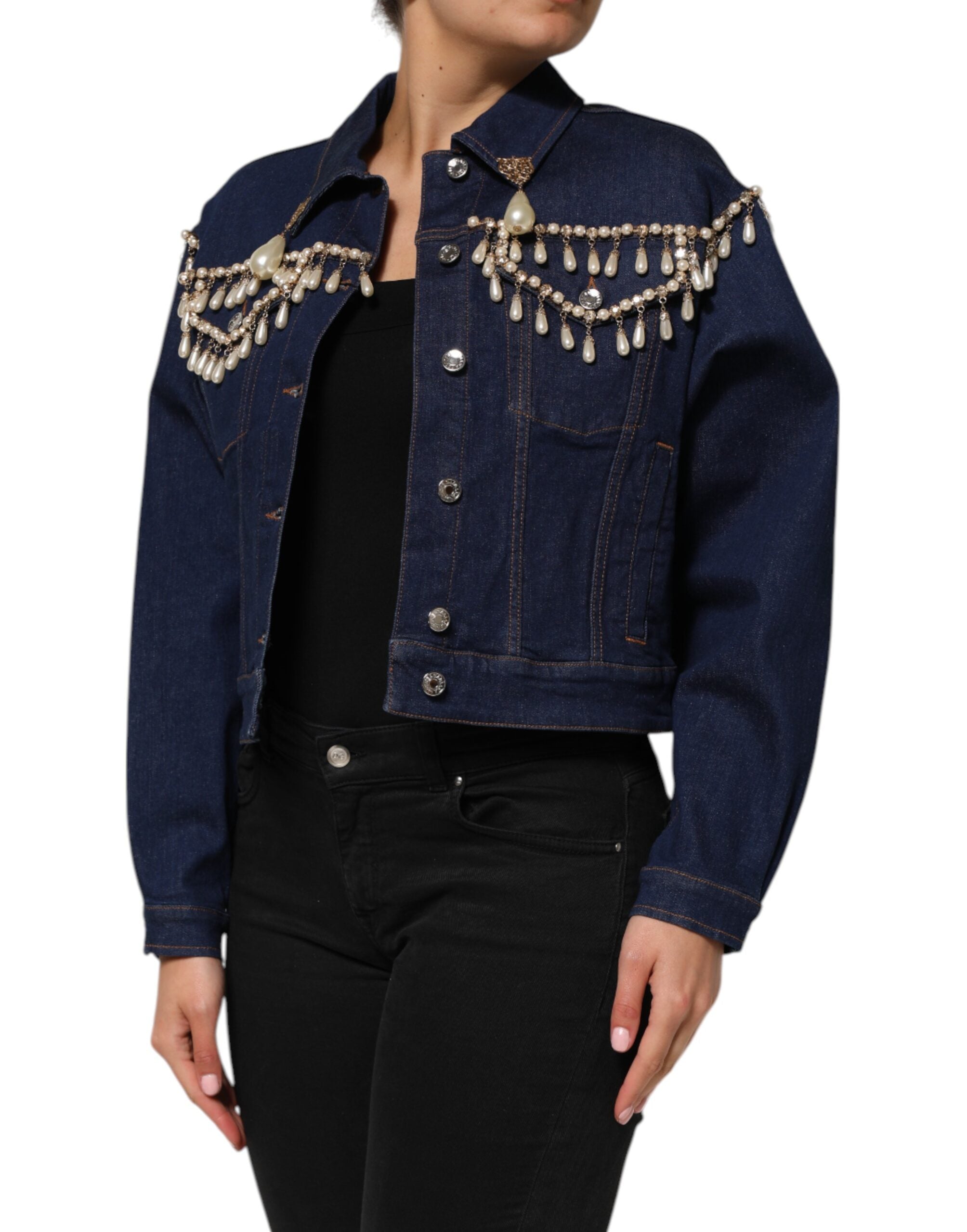 Dolce & Gabbana Blue Cotton Denim Crystal Embellished Jacket LUNESCAPE