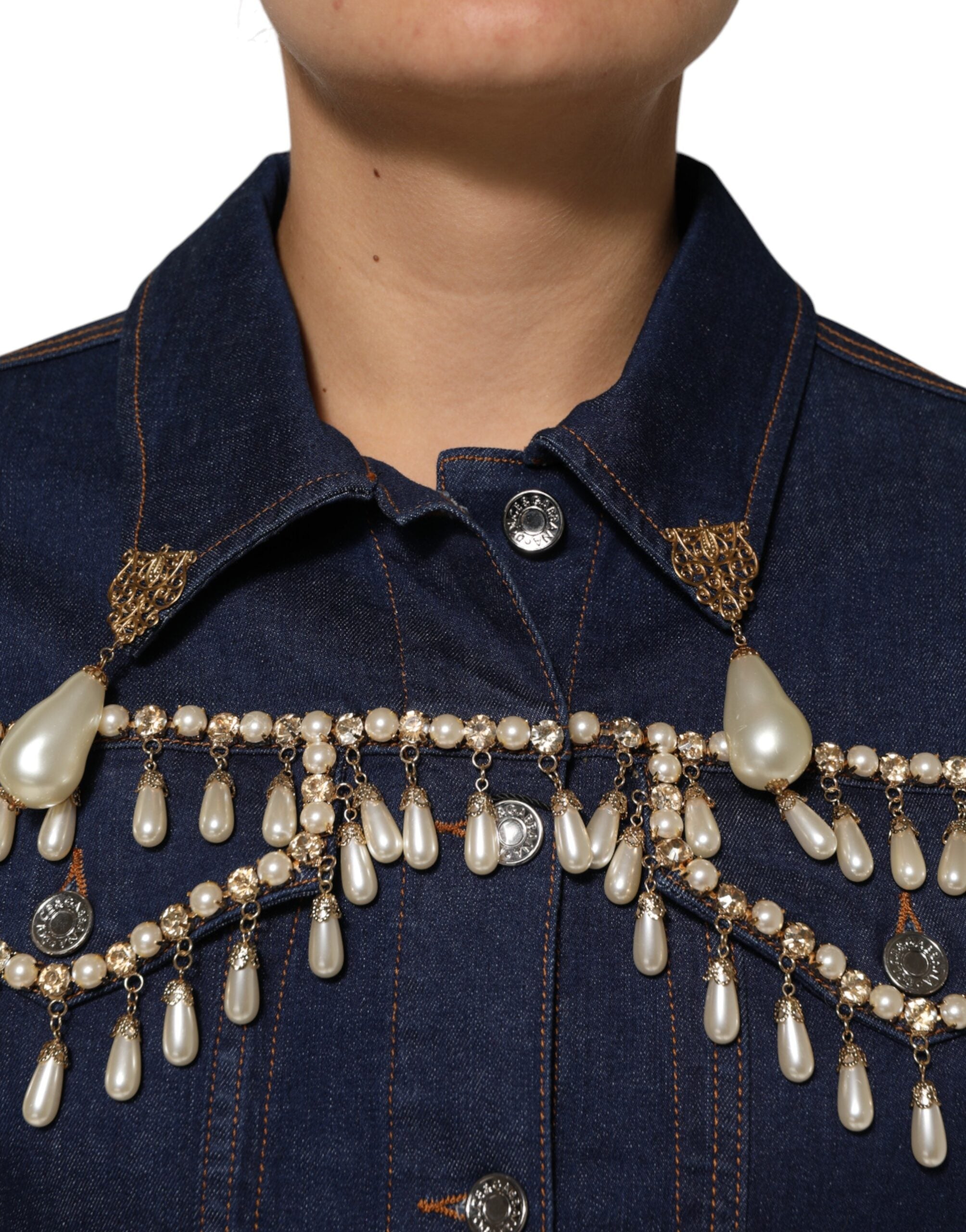Dolce & Gabbana Blue Cotton Denim Crystal Embellished Jacket LUNESCAPE