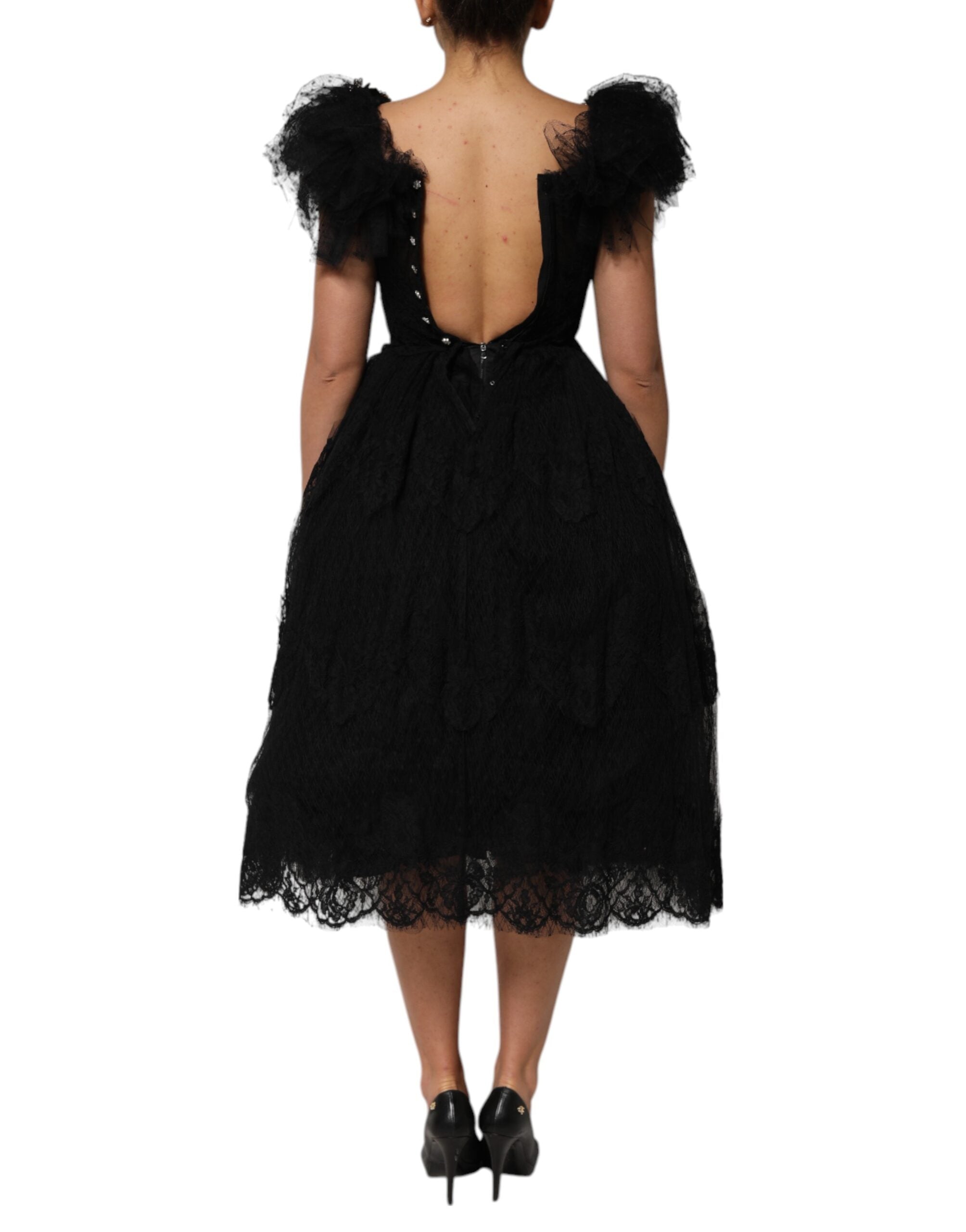 Dolce & Gabbana Black Crystal Embellished Midi A-line Dress