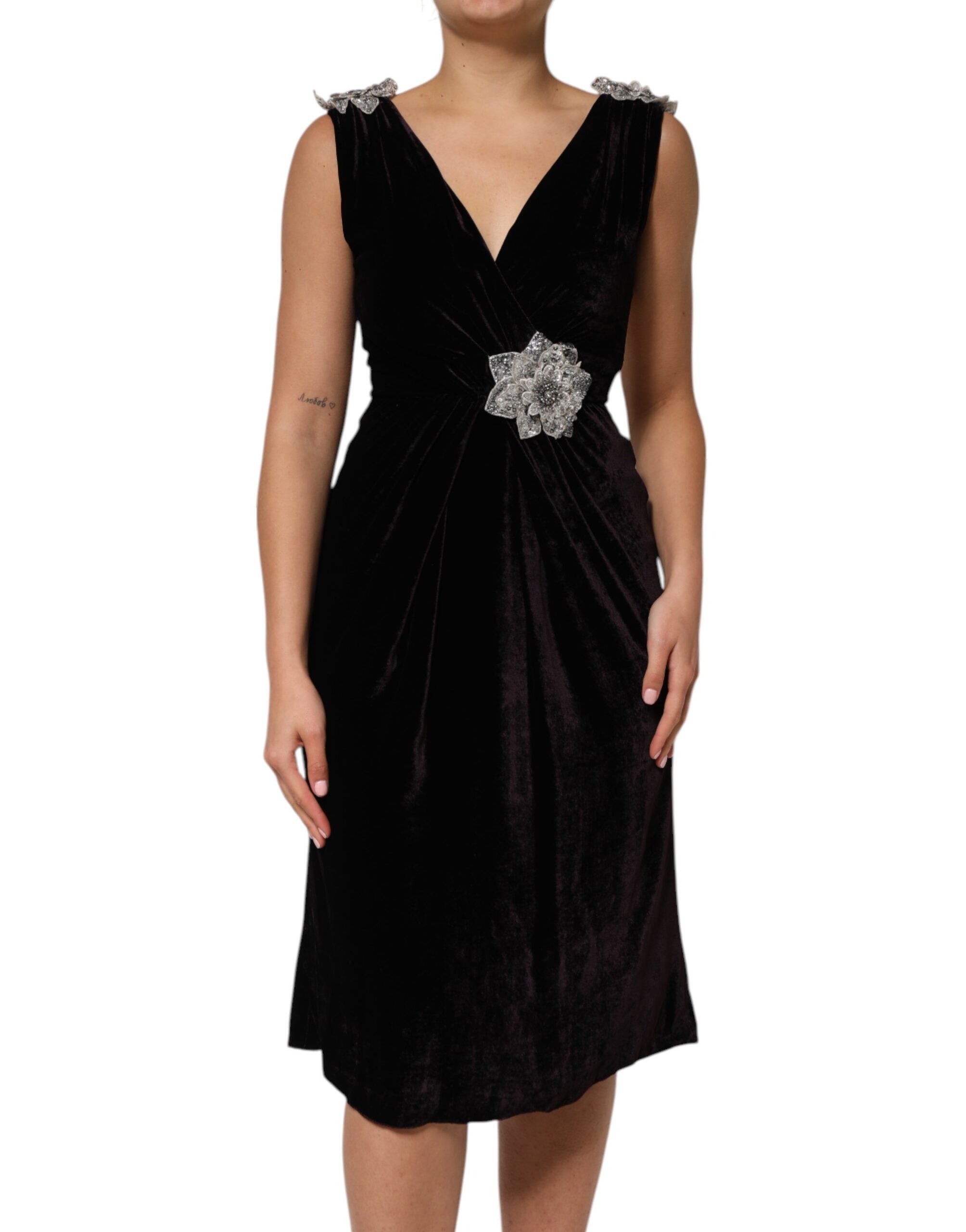 Dolce & Gabbana Black Velvet Flower Embellishment Aline Dress LUNESCAPE