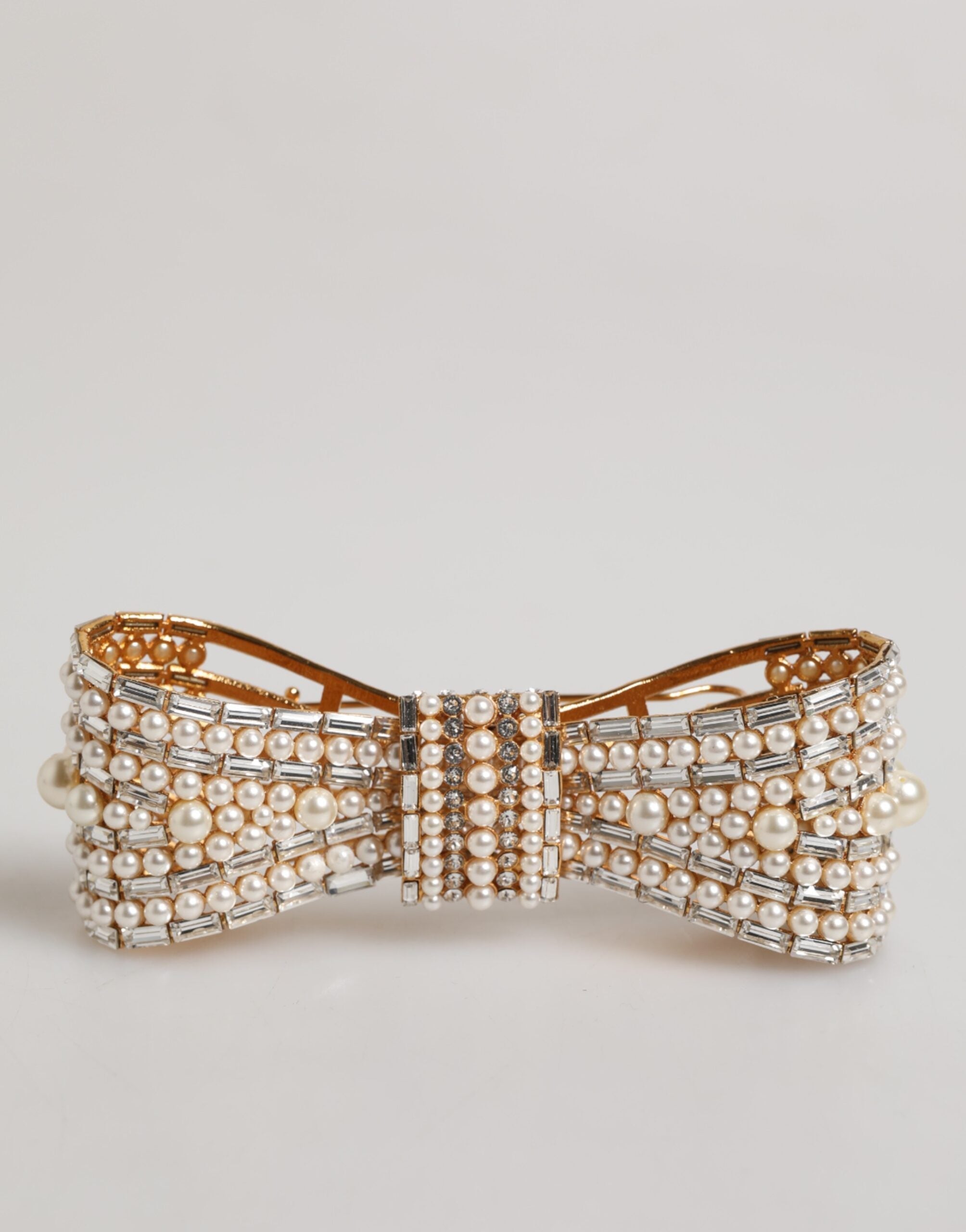 Dolce & Gabbana Gold Tone Brass Bow Crystal FauxPearl Embellished Brooch LUNESCAPE