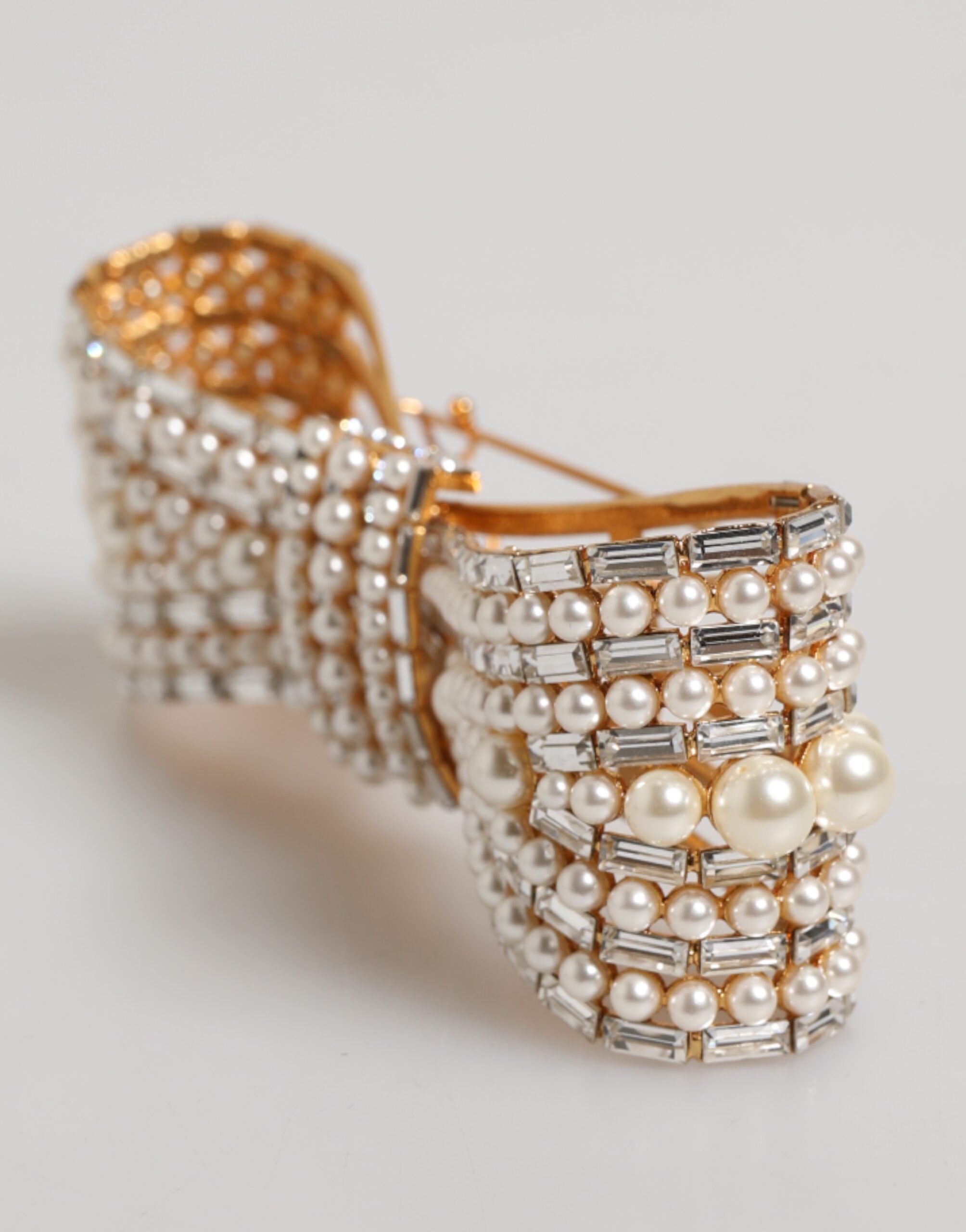 Dolce & Gabbana Gold Tone Brass Bow Crystal Faux Pearl Embellished Brooch