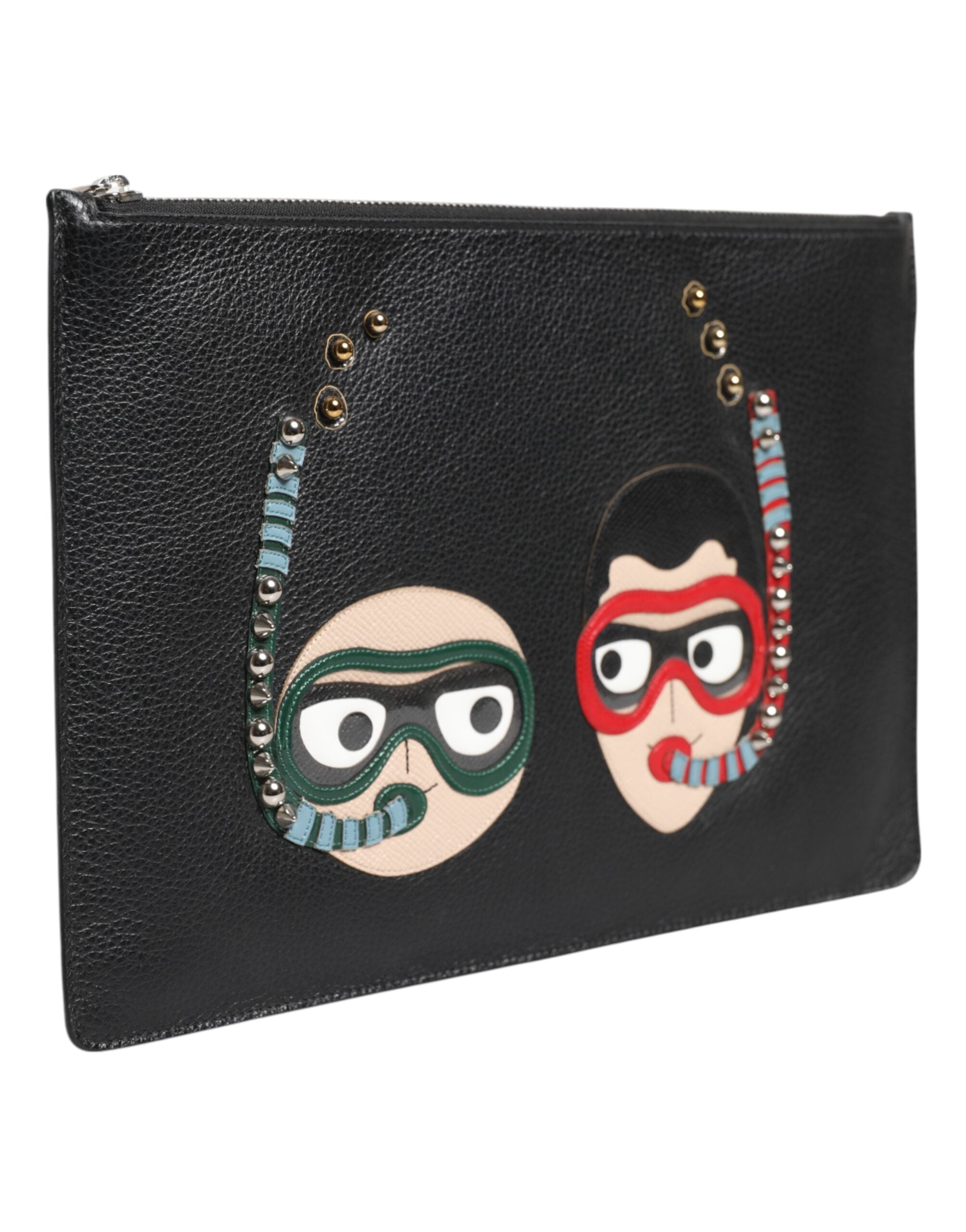 Dolce & Gabbana Black Leather #DGFAMILY Embellished Men Clutch Pouch Bag LUNESCAPE