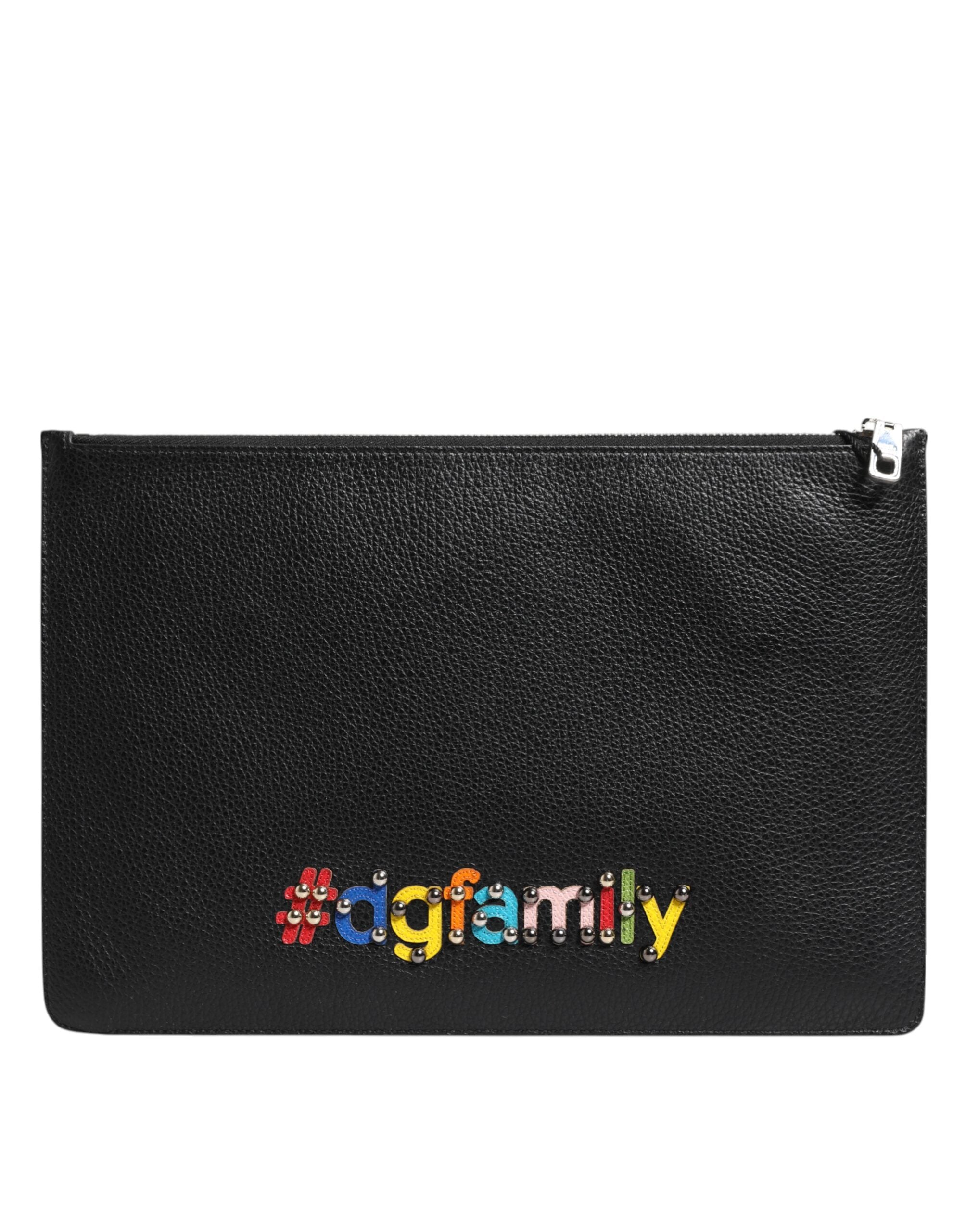 Dolce & Gabbana Black Leather #DGFAMILY Embellished Men Clutch Pouch Bag LUNESCAPE