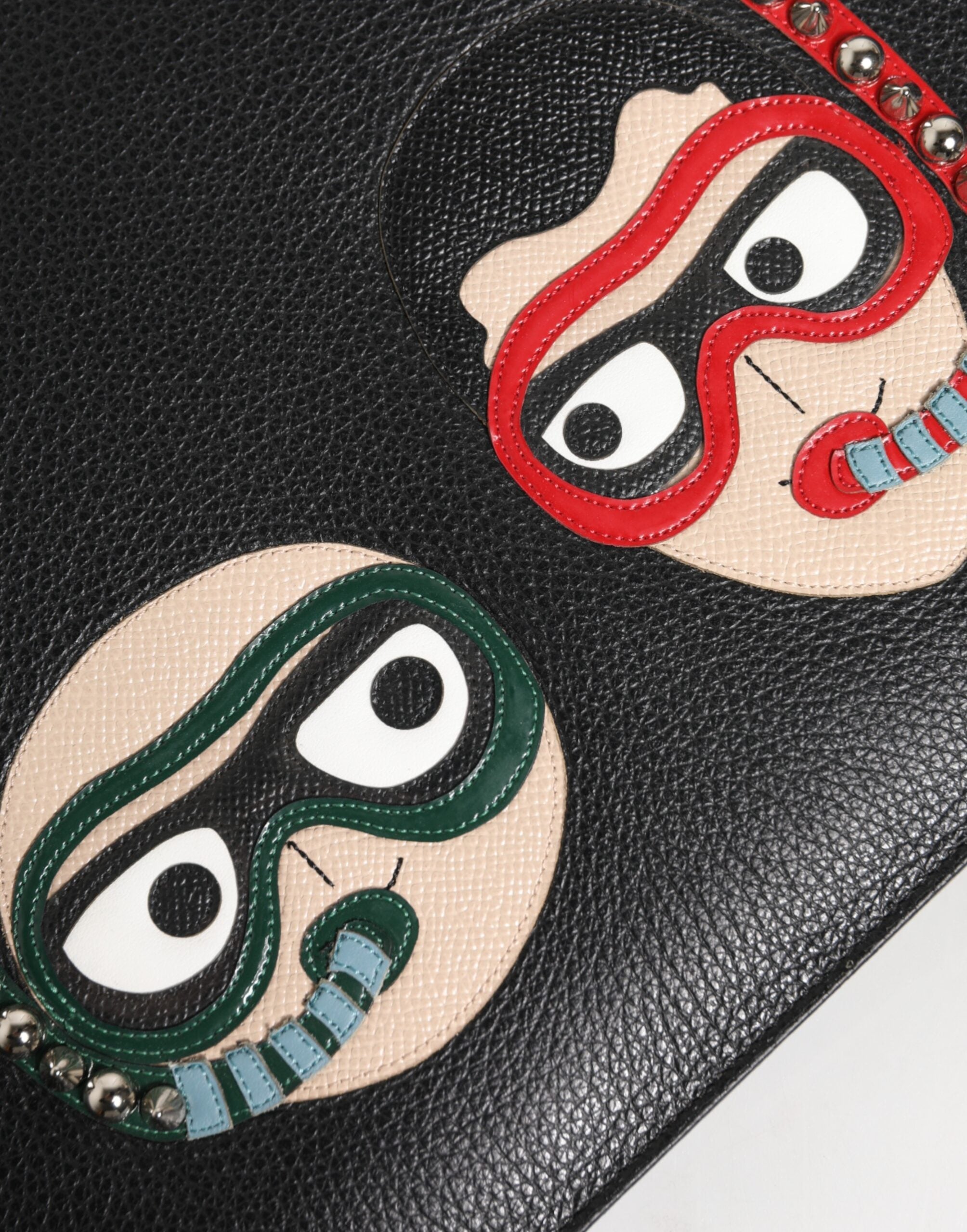 Dolce & Gabbana Black Leather #DGFAMILY Embellished Men Clutch Pouch Bag LUNESCAPE