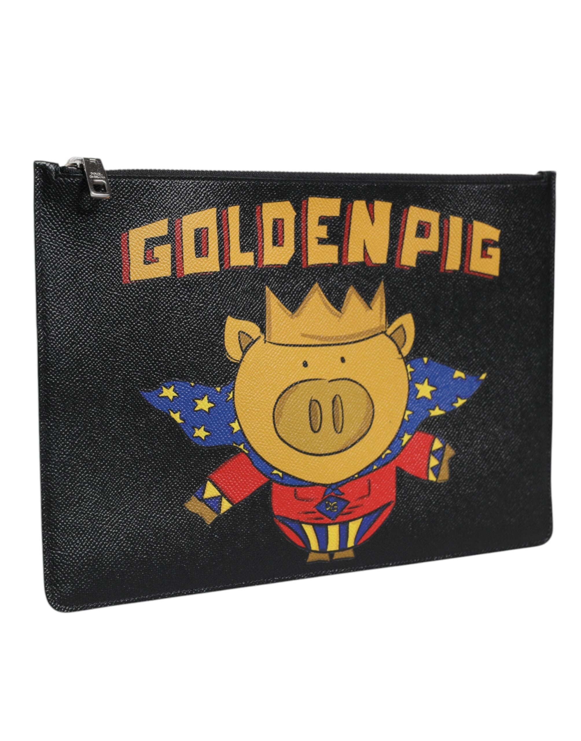 Dolce & Gabbana Black Leather Golden Pig Print Men Clutch Pouch Borse Bag LUNESCAPE