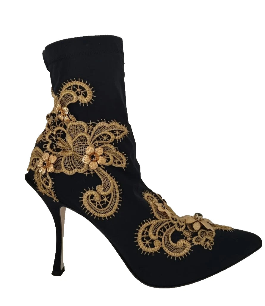 Dolce & Gabbana Black Gold Embroidery Crystal Boots Shoes LUNESCAPE
