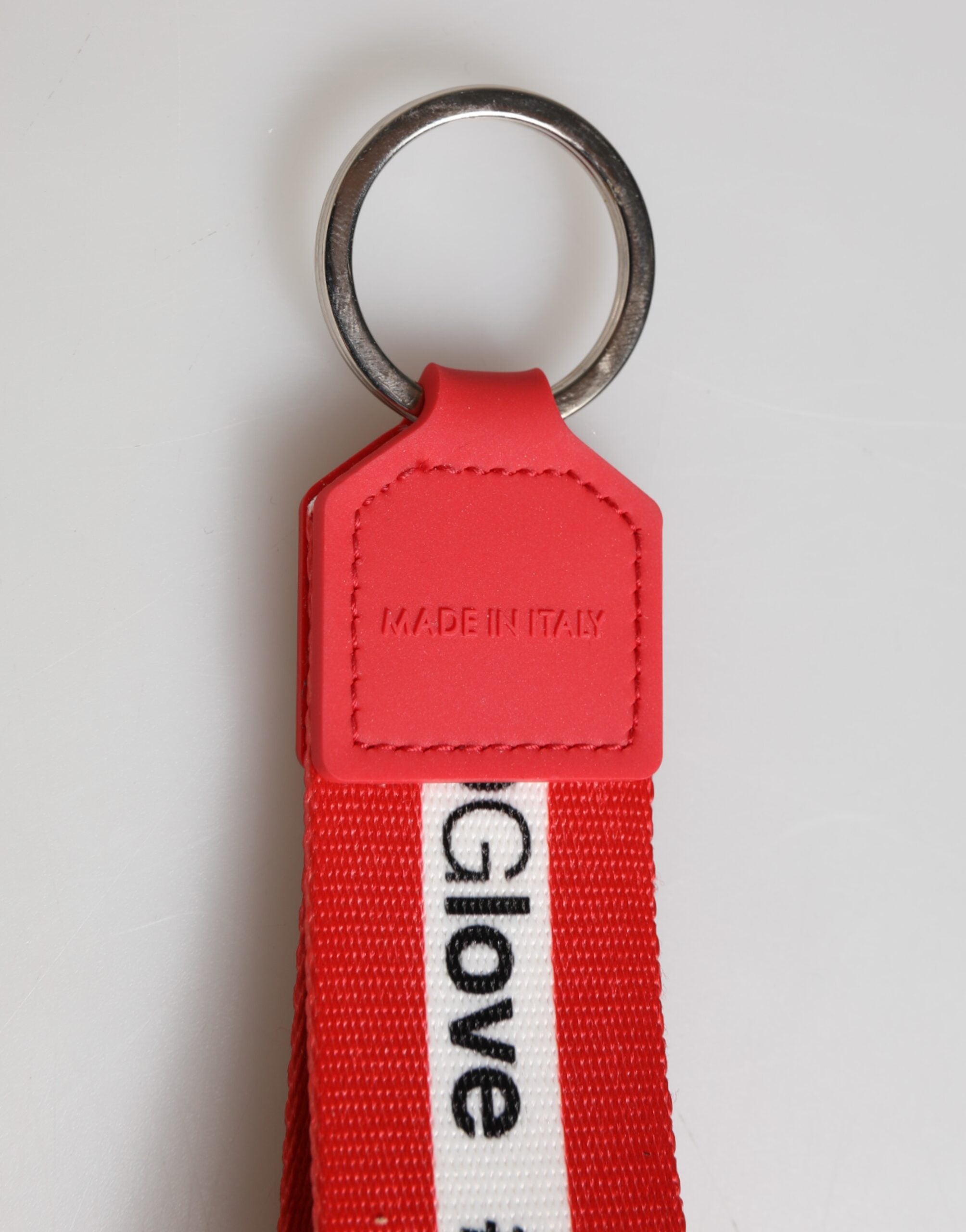 Dolce & Gabbana Red Logo Polyester Silver Brass Holder Keychain Keyring