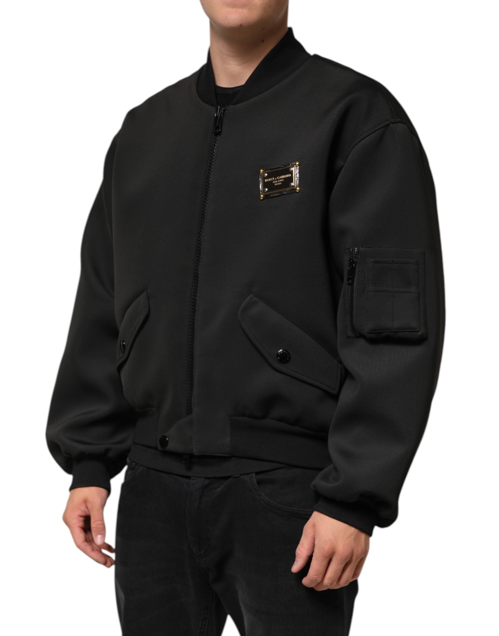 Dolce & Gabbana Black Polyester Logo Plaque Bomber Jacket