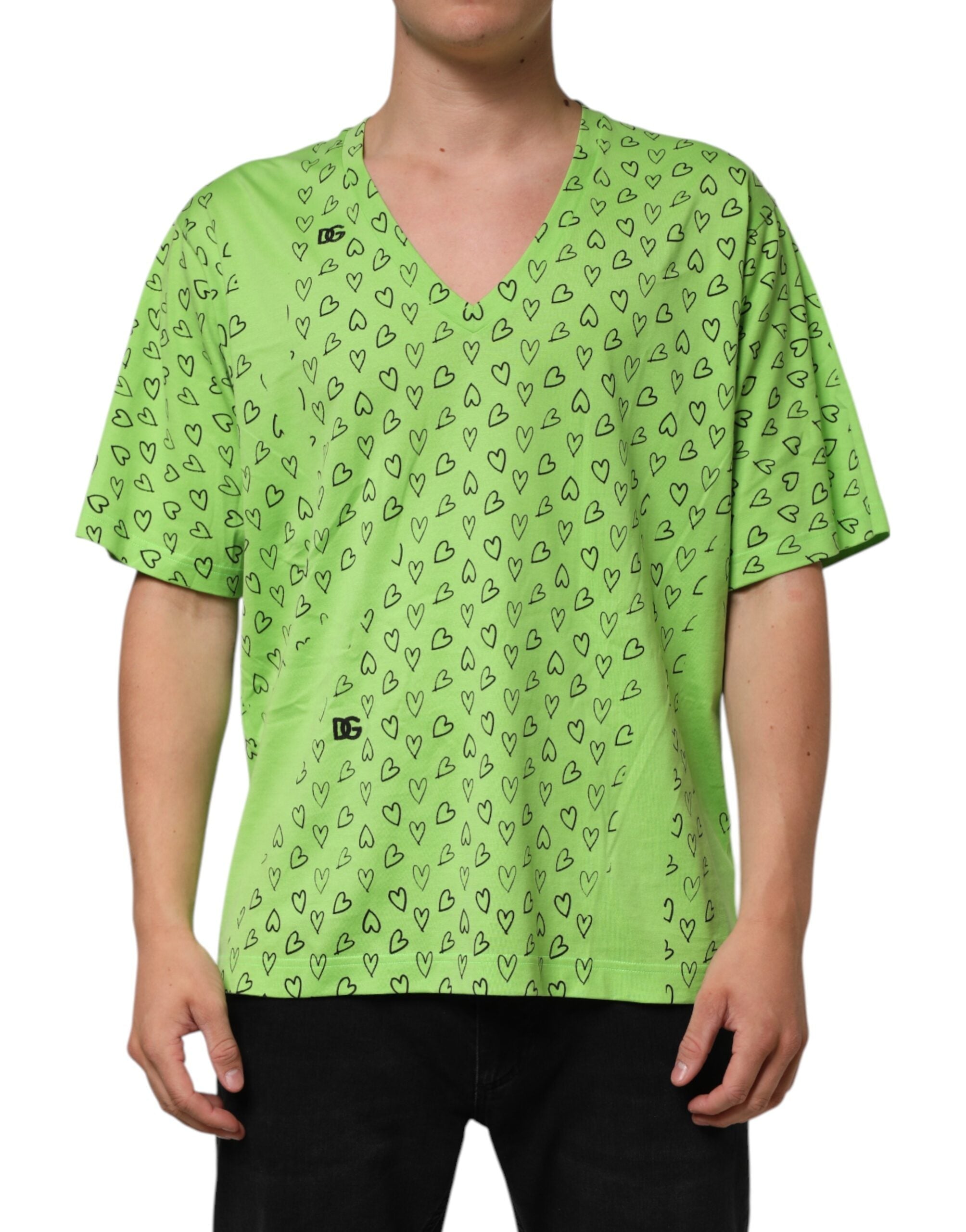Dolce & Gabbana Green V-Neck DG Logo Heart Print T-shirt LUNESCAPE
