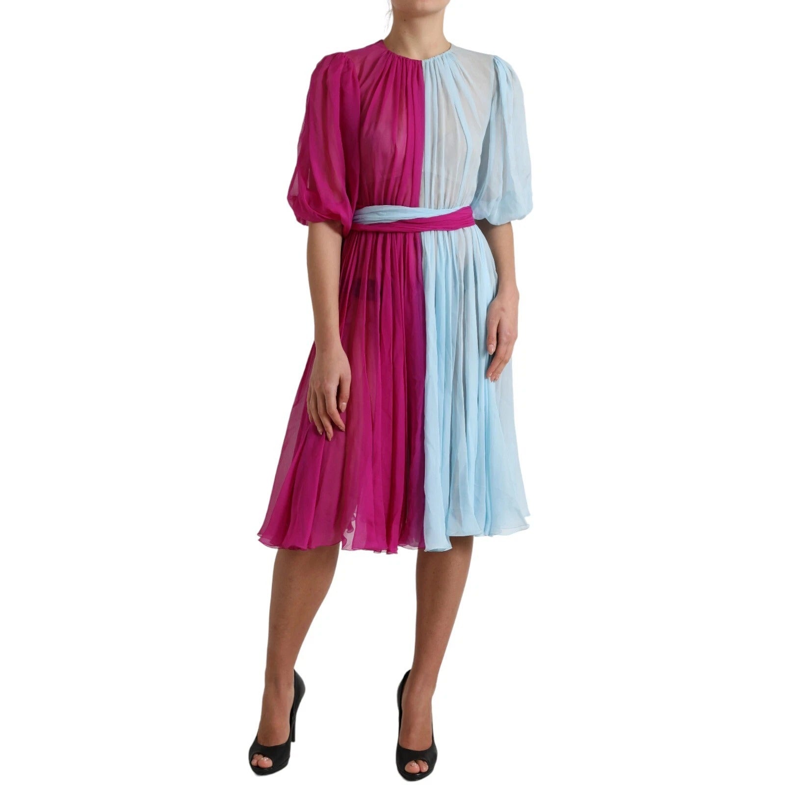 Dolce & Gabbana Light Blue Silk Two Tone Knee Length Dress