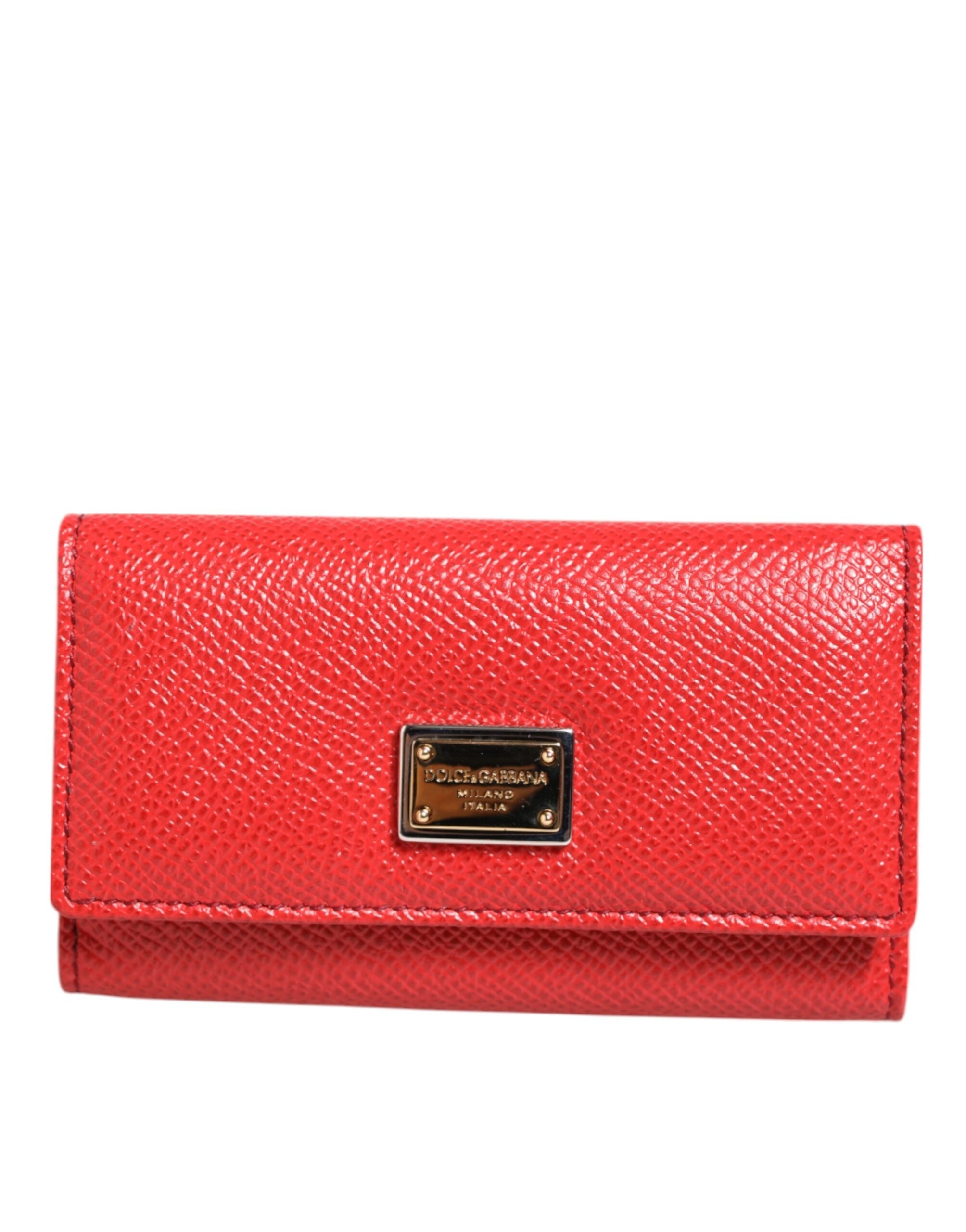 Dolce & Gabbana Red Leather Silver Metal Logo Plaque Trifold Key Holder LUNESCAPE