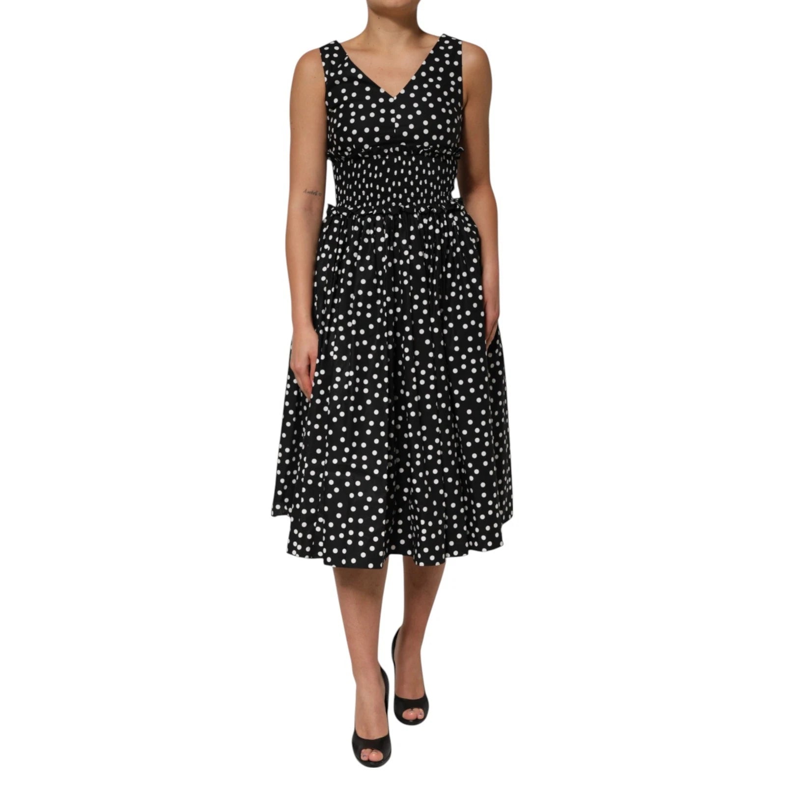Dolce & Gabbana Black White Cotton Polka Dot Print V Neck Dress LUNESCAPE