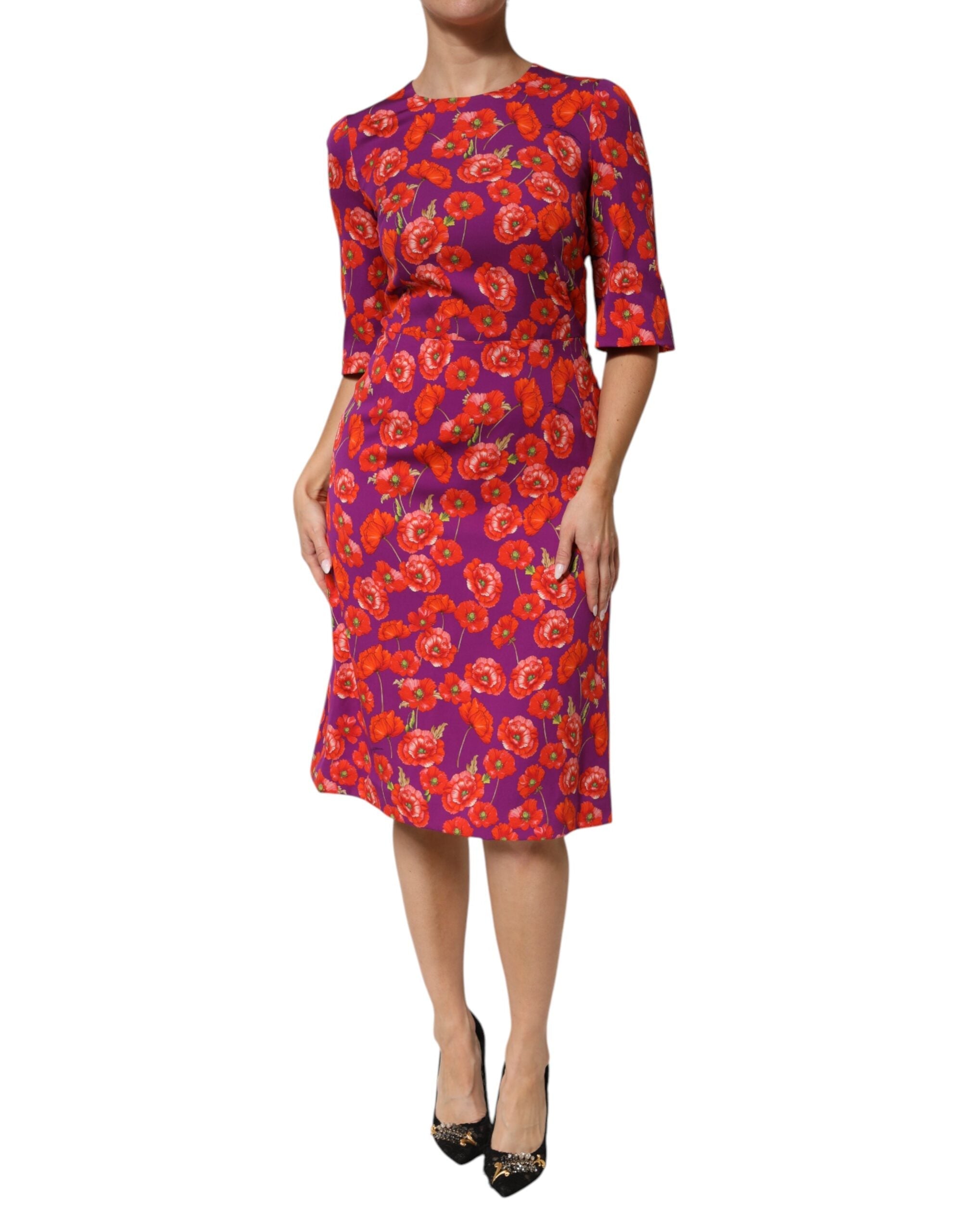 Dolce & Gabbana Purple Silk Floral Print Midi Sheath Dress LUNESCAPE