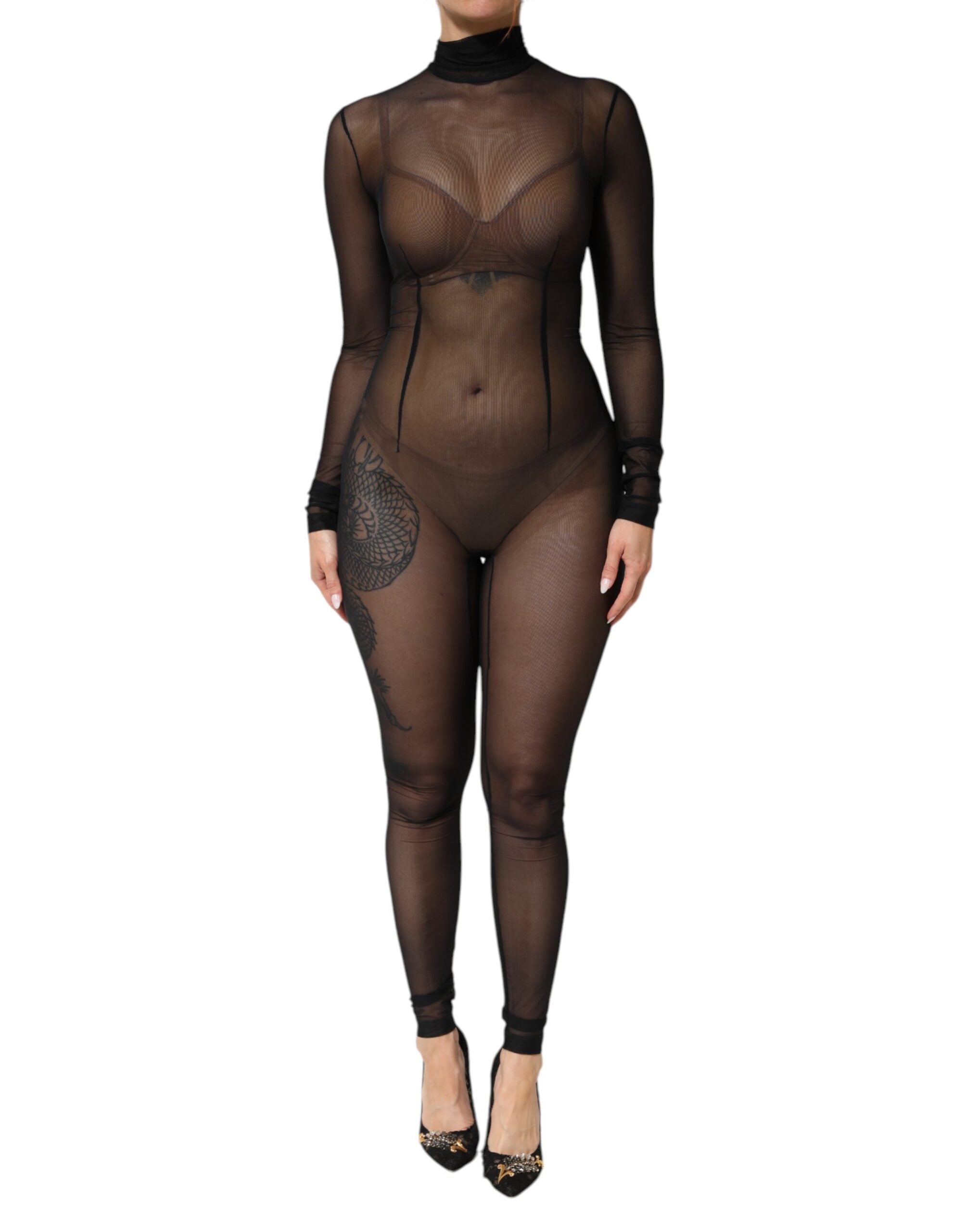 Dolce & Gabbana Black Sheer Mesh Long Sleeve Jumpsuit Bodysuit Dress LUNESCAPE