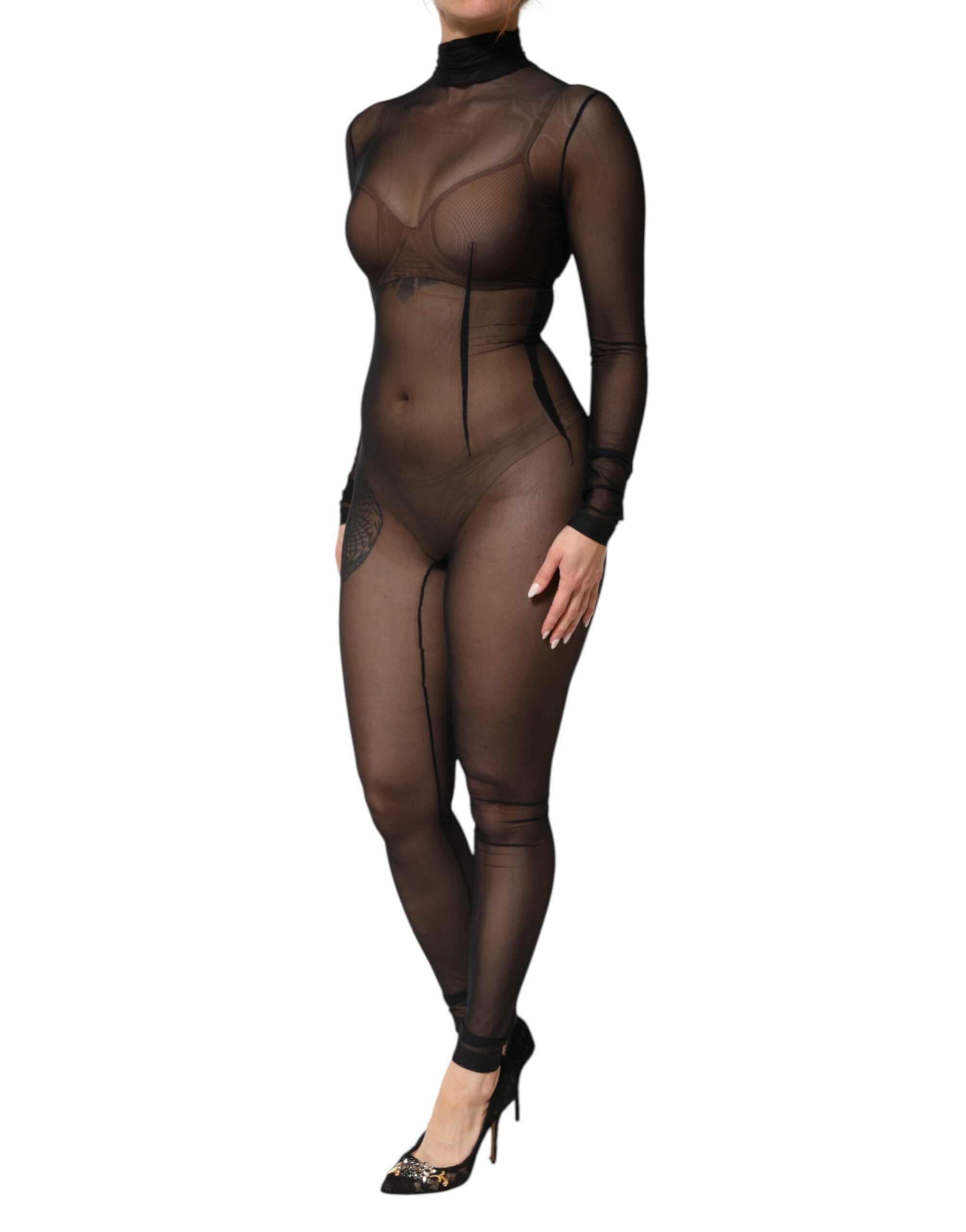 Dolce & Gabbana Black Sheer Mesh Long Sleeve Jumpsuit Bodysuit