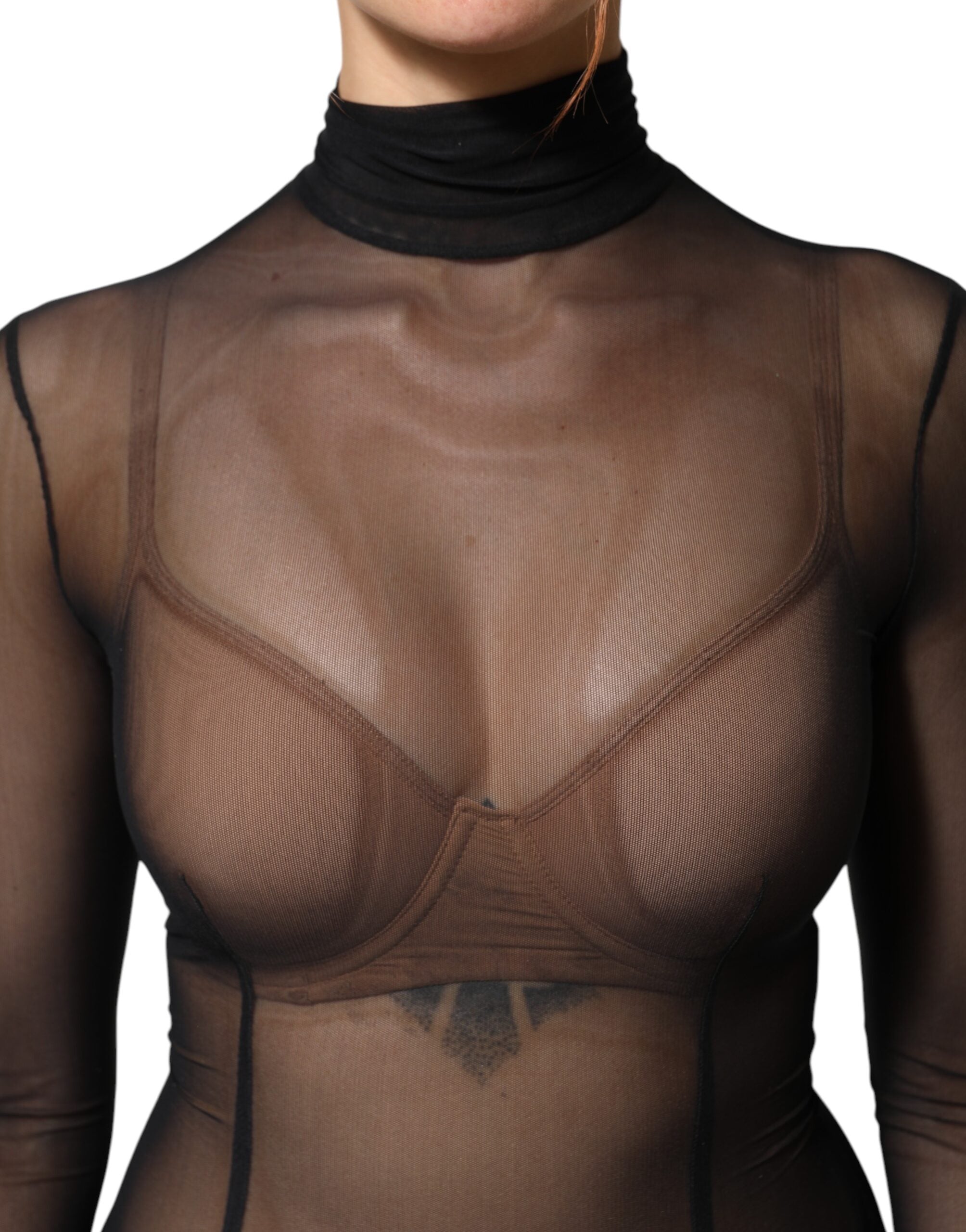 Dolce & Gabbana Black Sheer Mesh Long Sleeve Jumpsuit Bodysuit