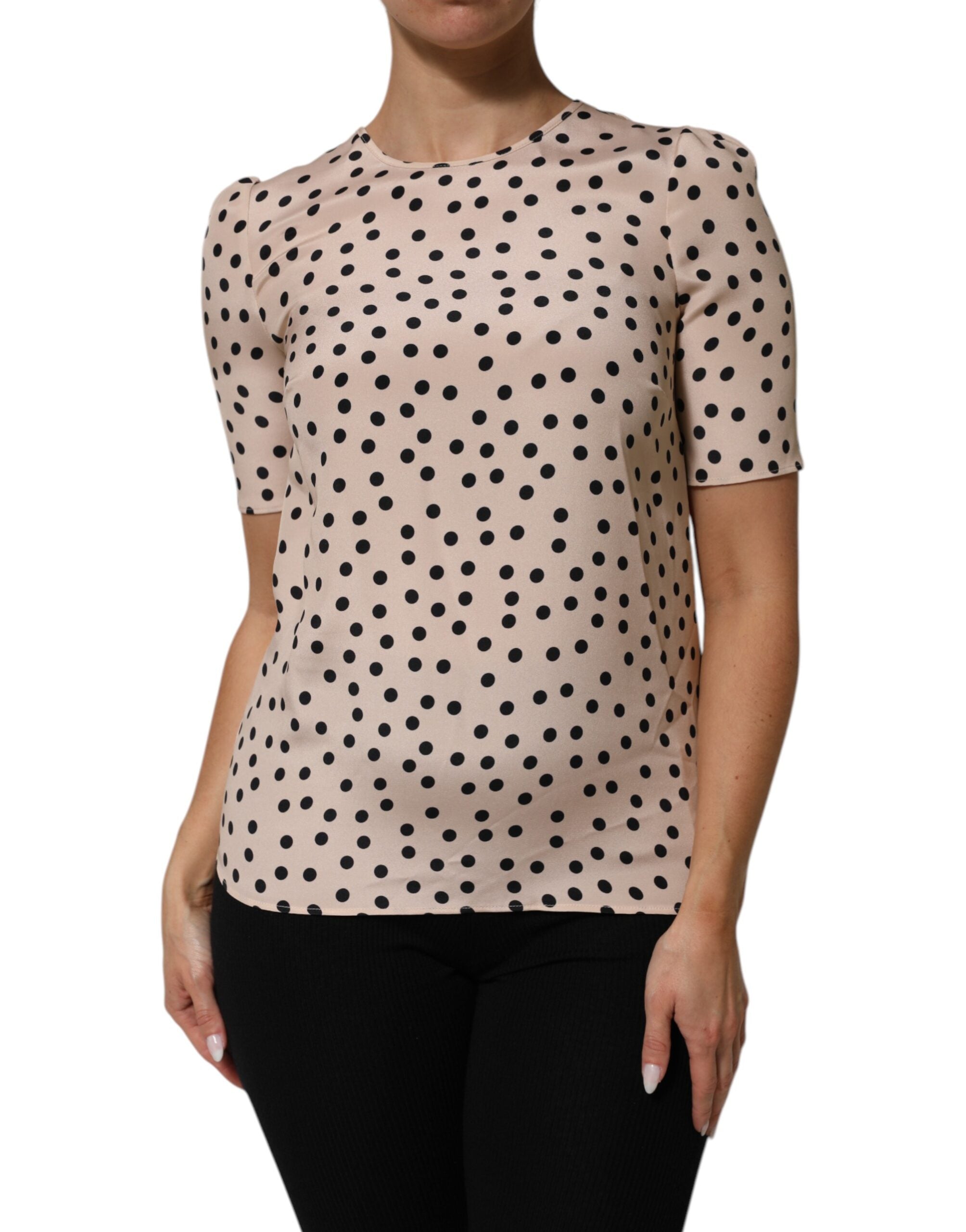 Dolce & Gabbana Beige Black Polka Dot Silk Short Sleeve Blouse Top LUNESCAPE