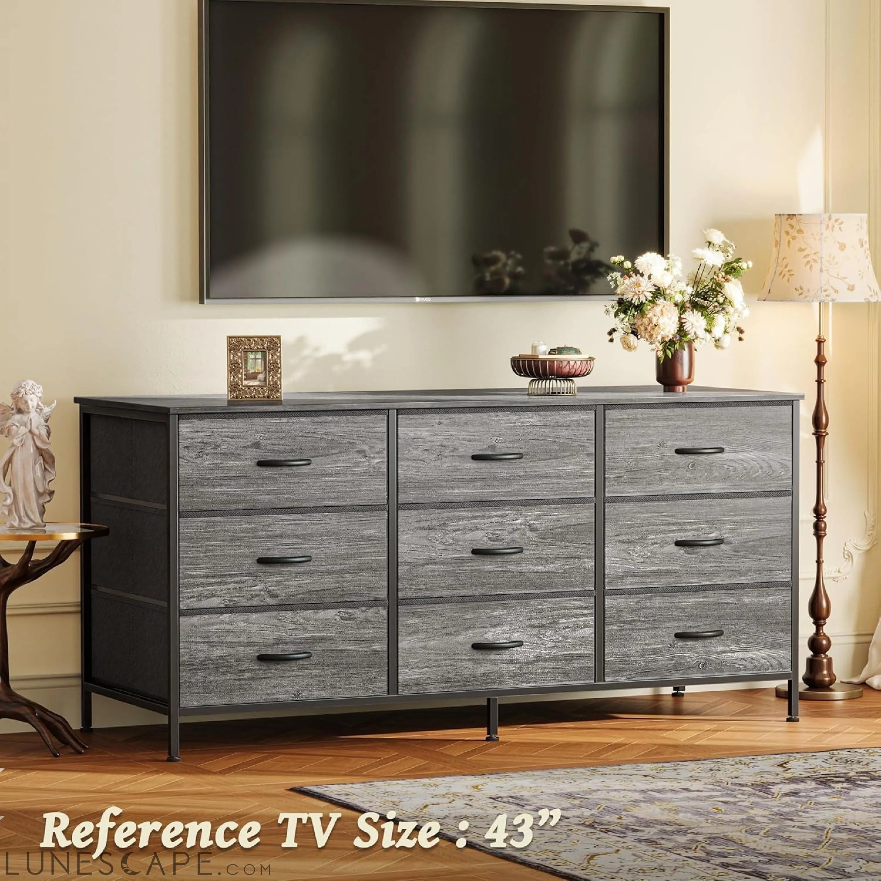 9 Drawer Dresser, 47 Inch Dresser TV Stand for 50, 55 Inch TV, LUNESCAPE
