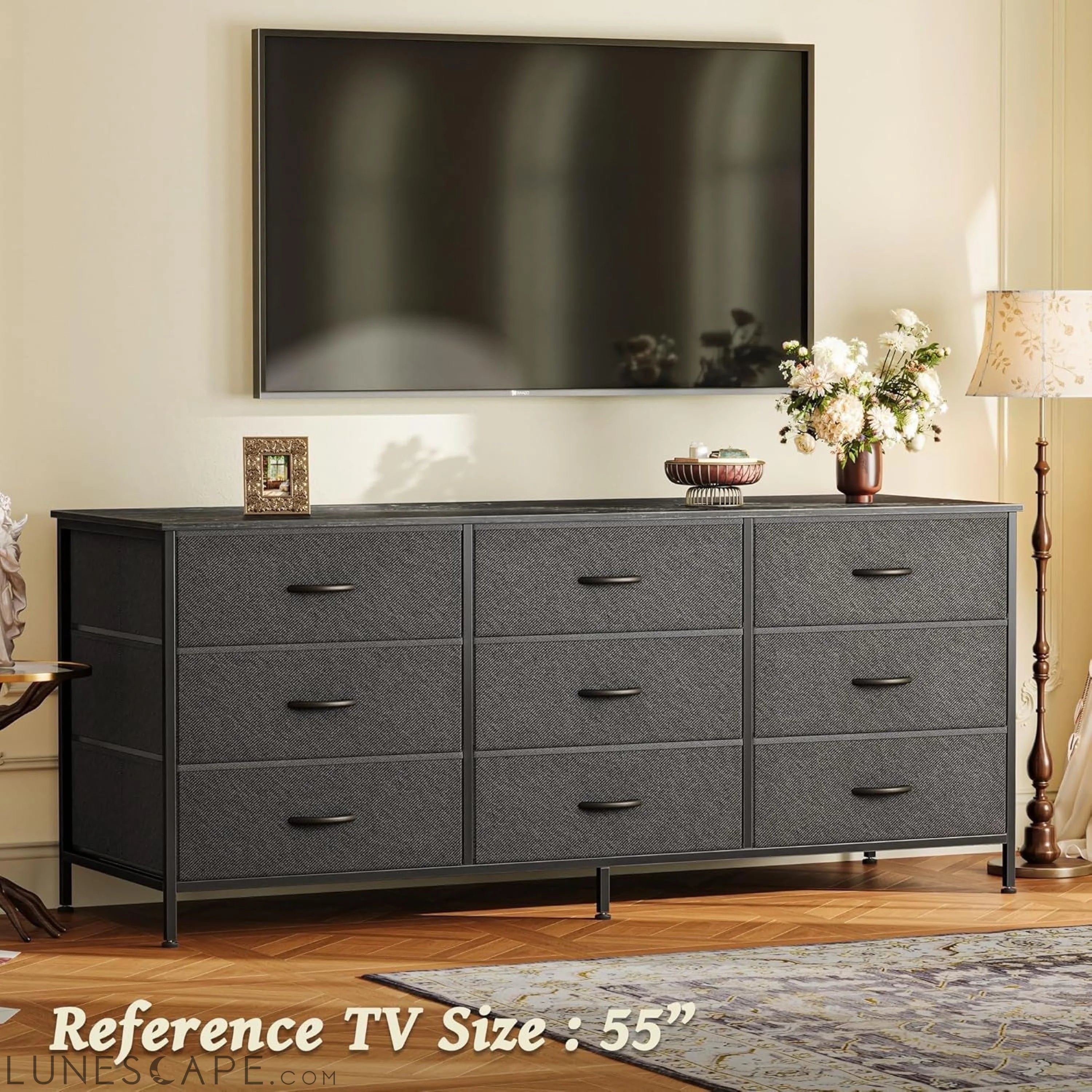 9 Drawer Dresser, 55 Inch Dresser TV Stand for 55, 60 Inch TV, LUNESCAPE