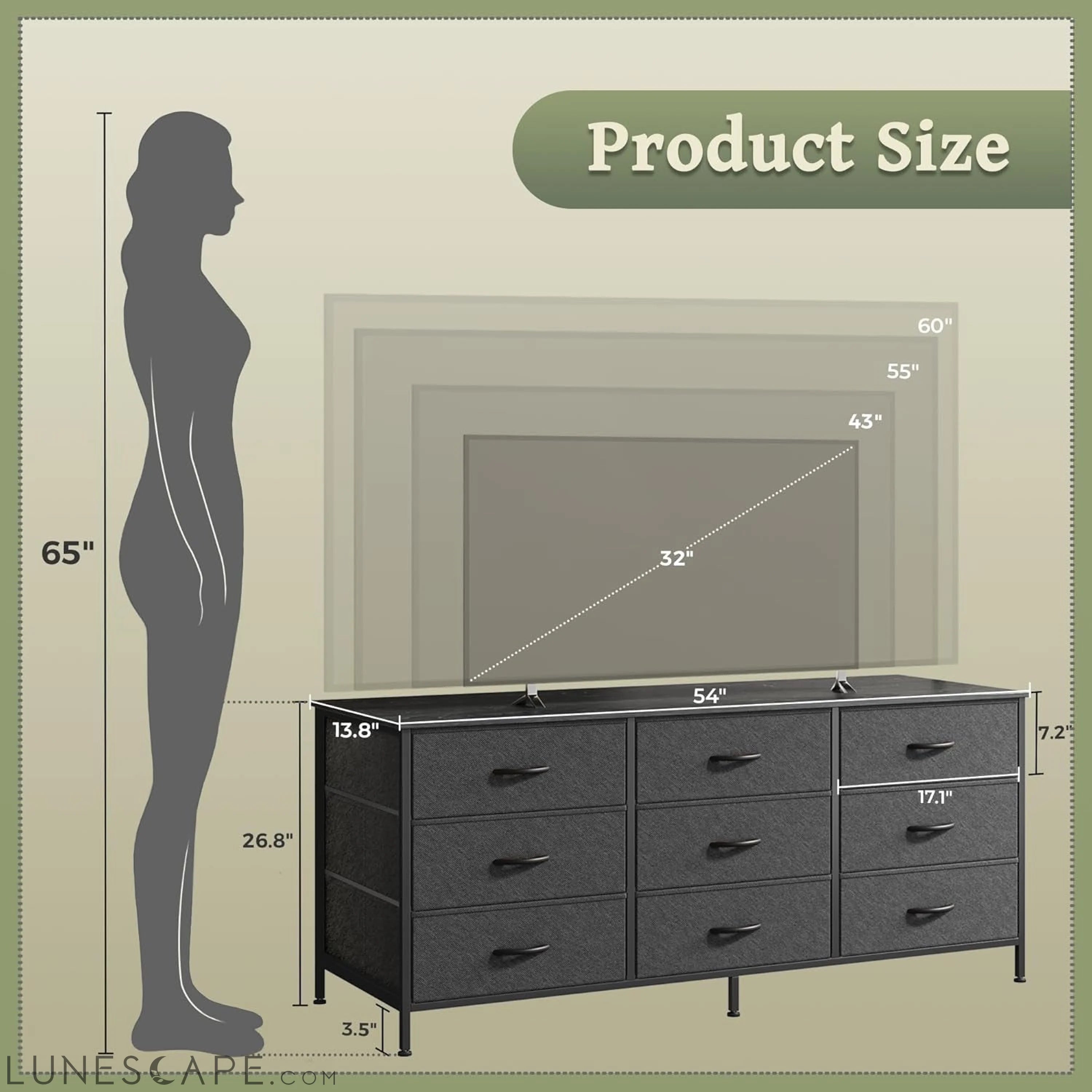 9 Drawer Dresser, 55 Inch Dresser TV Stand for 55, 60 Inch TV, LUNESCAPE