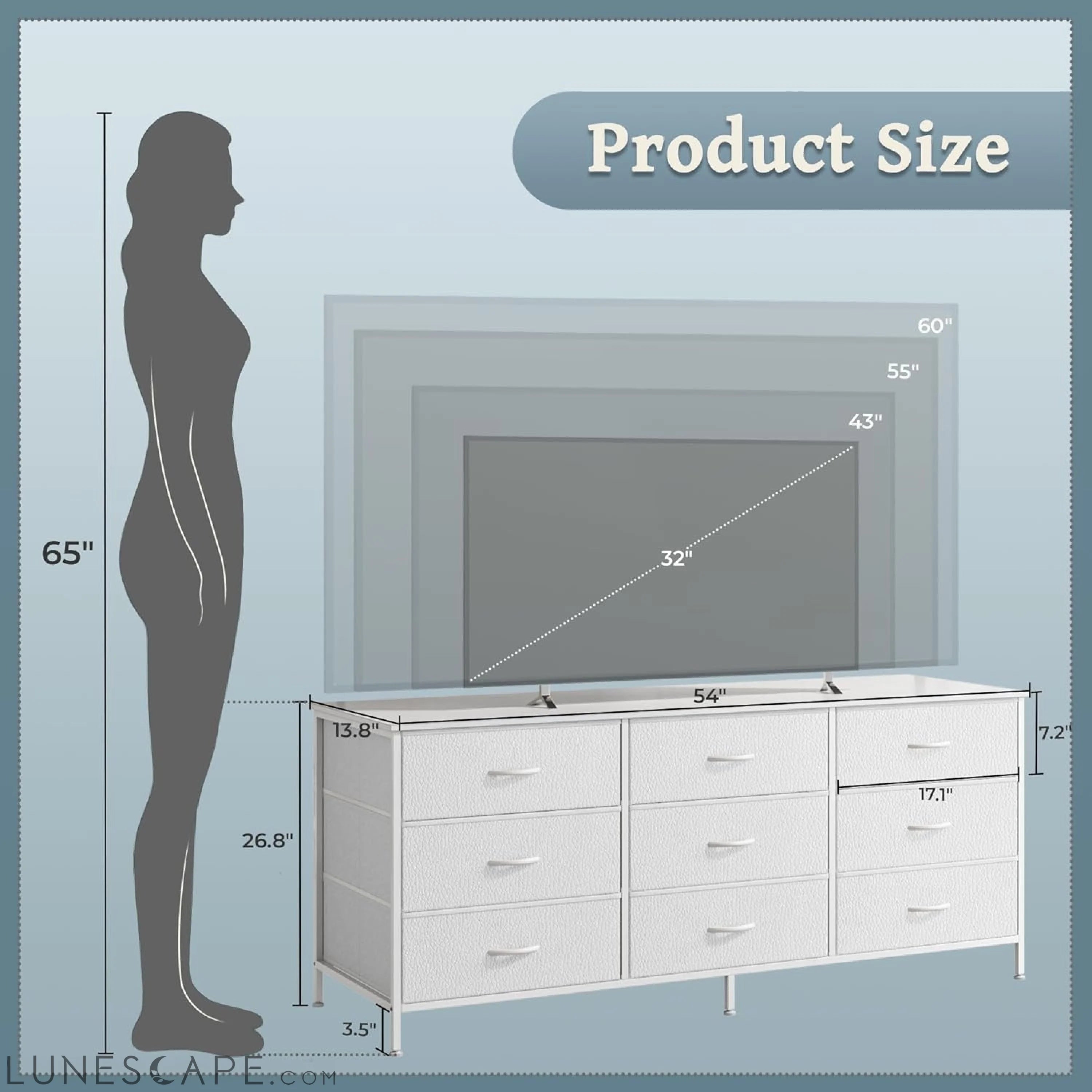 9 Drawer Dresser, 55 Inch Dresser TV Stand for 55, 60 Inch TV, LUNESCAPE