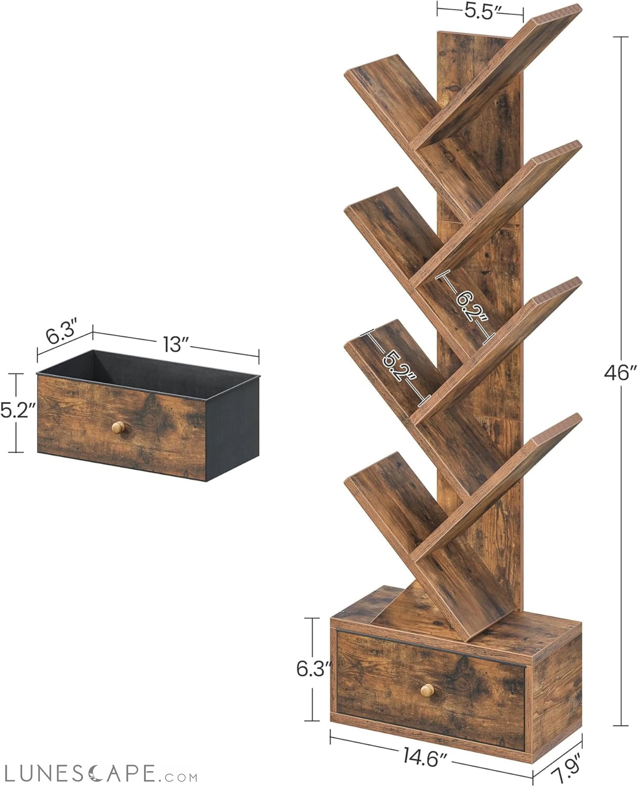 9 Tier Tree Book Shelf with Drawer, Floor Standing Bookshelf Storage LUNESCAPE