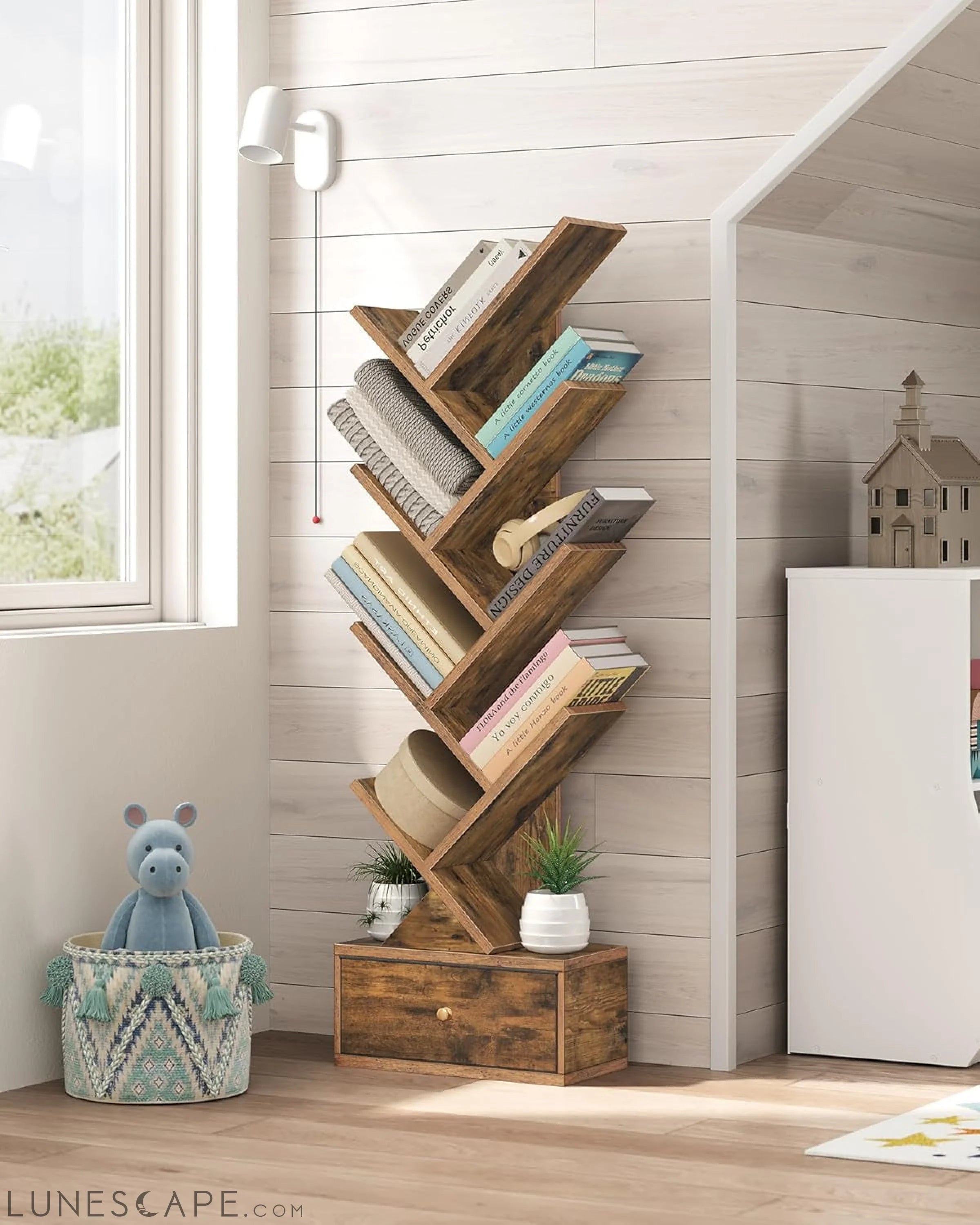 9 Tier Tree Book Shelf with Drawer, Floor Standing Bookshelf Storage LUNESCAPE