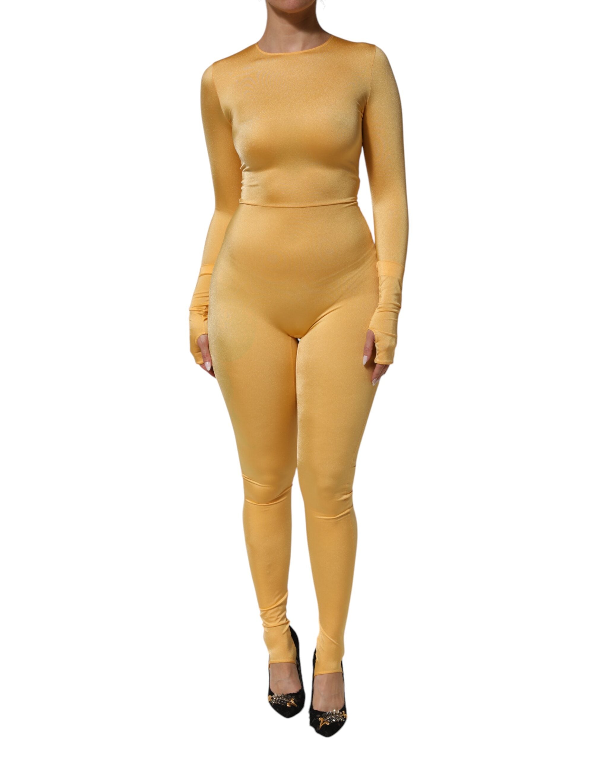 Dolce & Gabbana Gold Yellow Stretch Long Sleeve Bodysuit Dress LUNESCAPE