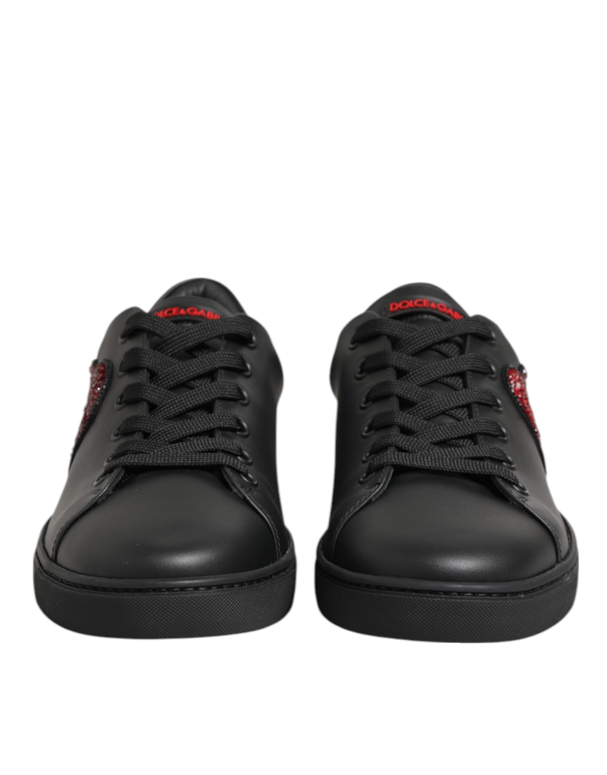 Dolce & Gabbana Black Leather Crystal Heart Low Top Sneakers Shoes