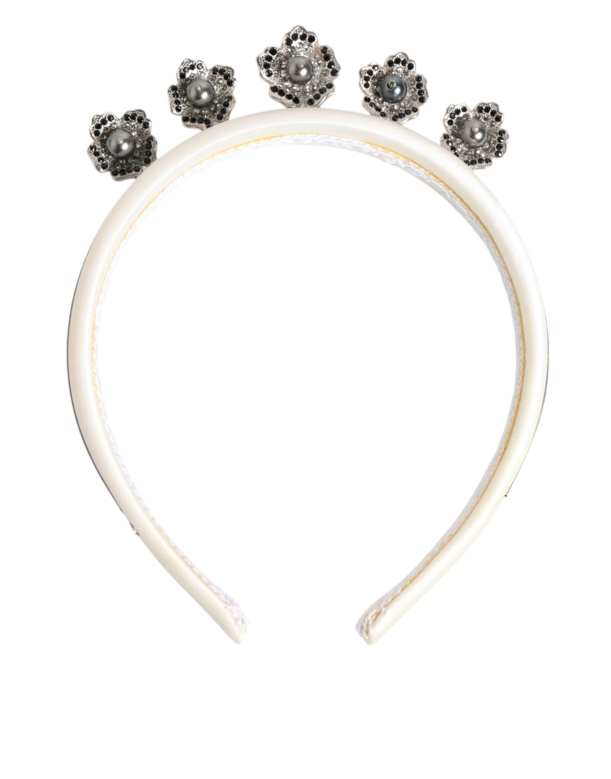 Dolce & Gabbana White Satin Palladium Silver Floral Crown Tiara Headband LUNESCAPE