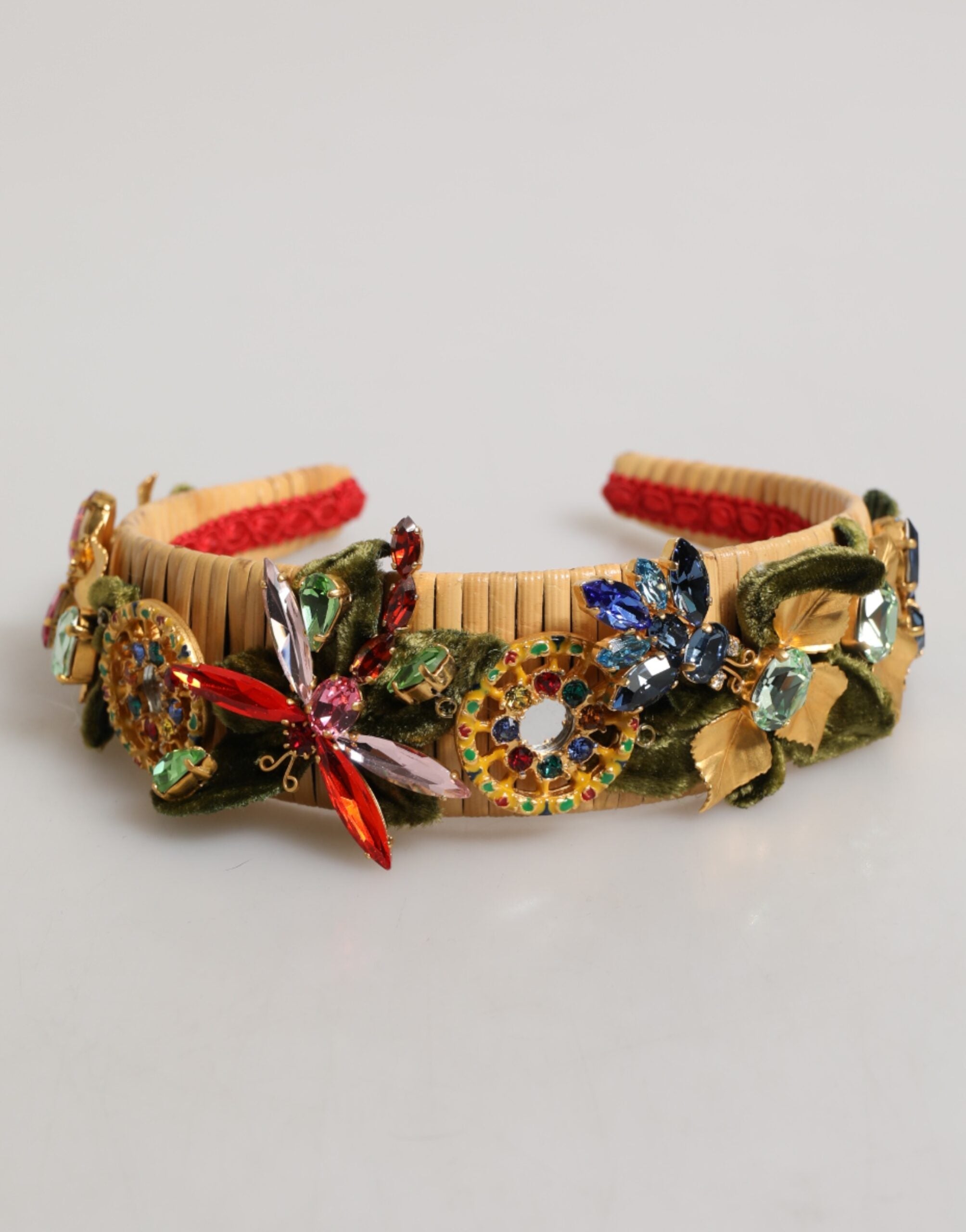 Dolce & Gabbana Multicolor Crystal Floral Gold Green Velvet Crown Headband LUNESCAPE