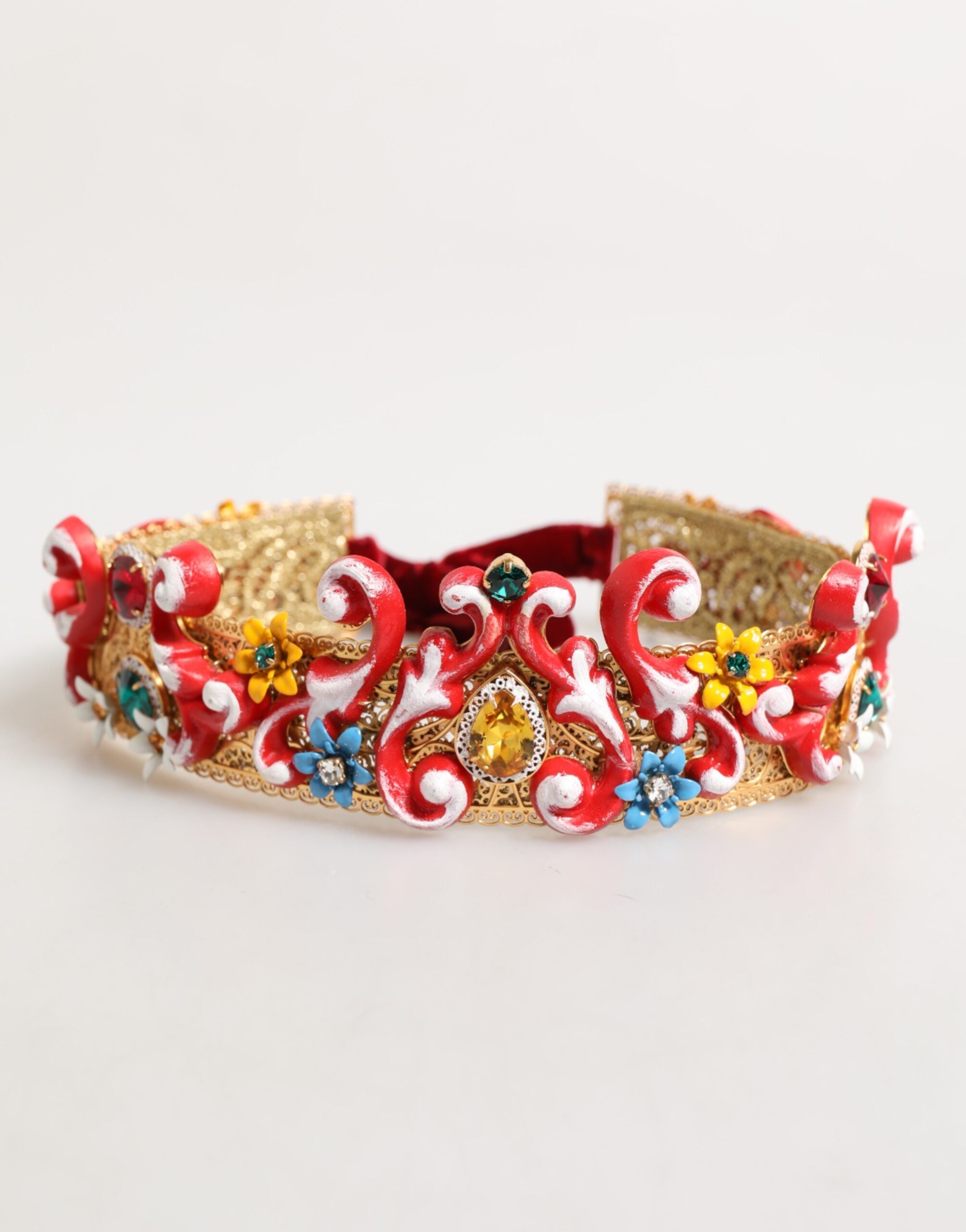 Dolce & Gabbana Red Carretto Multicolor Crystal Gold Tiara Crow Headband LUNESCAPE