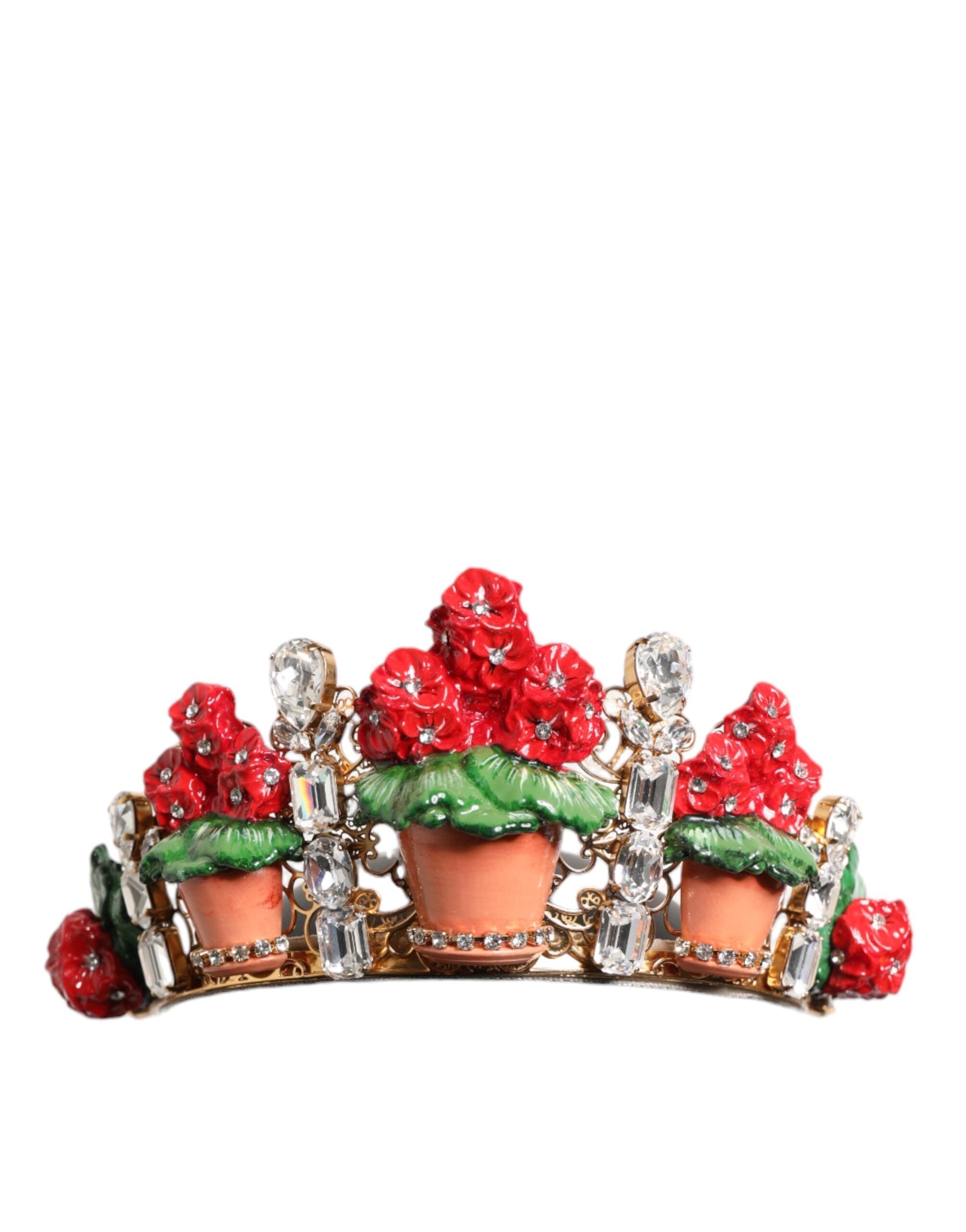 Dolce & Gabbana Red Floral Flowerpot Crystal Gold Crown Tiara Headband LUNESCAPE