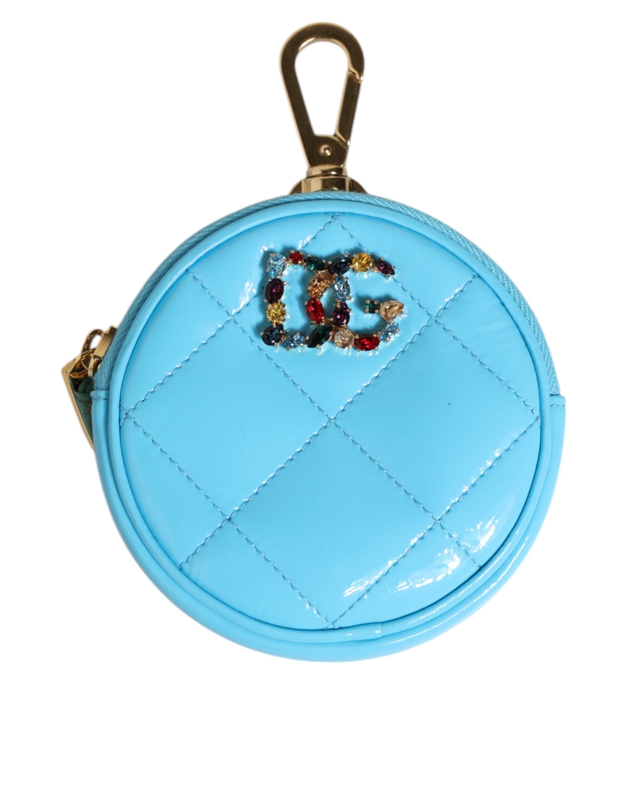 Dolce & Gabbana Azure Blue Leather Round Coin Purse Keychain Crystal Logo Wallet LUNESCAPE