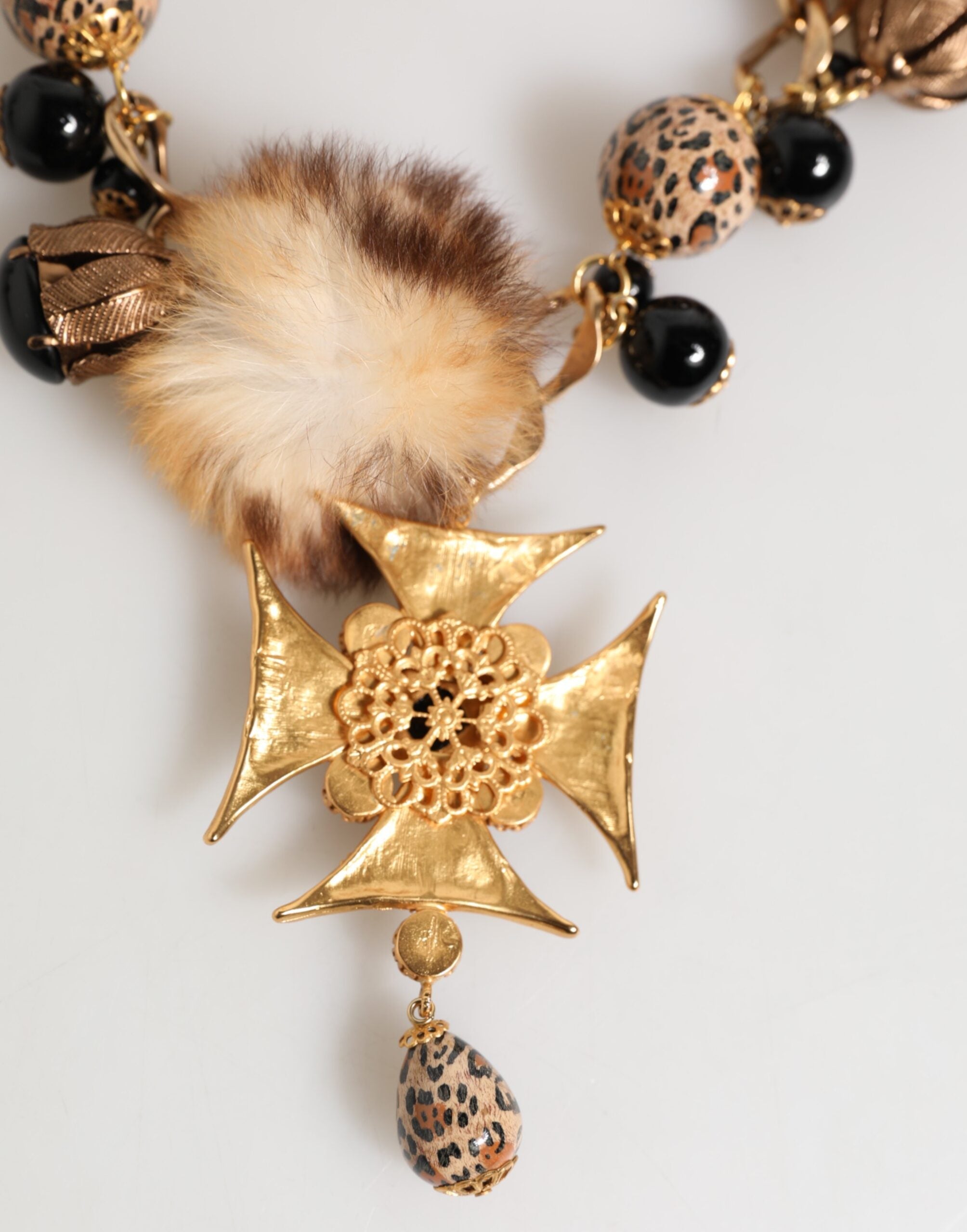 Dolce & Gabbana Gold Black Crystals Lapin Fur Filigree Choker Necklace LUNESCAPE