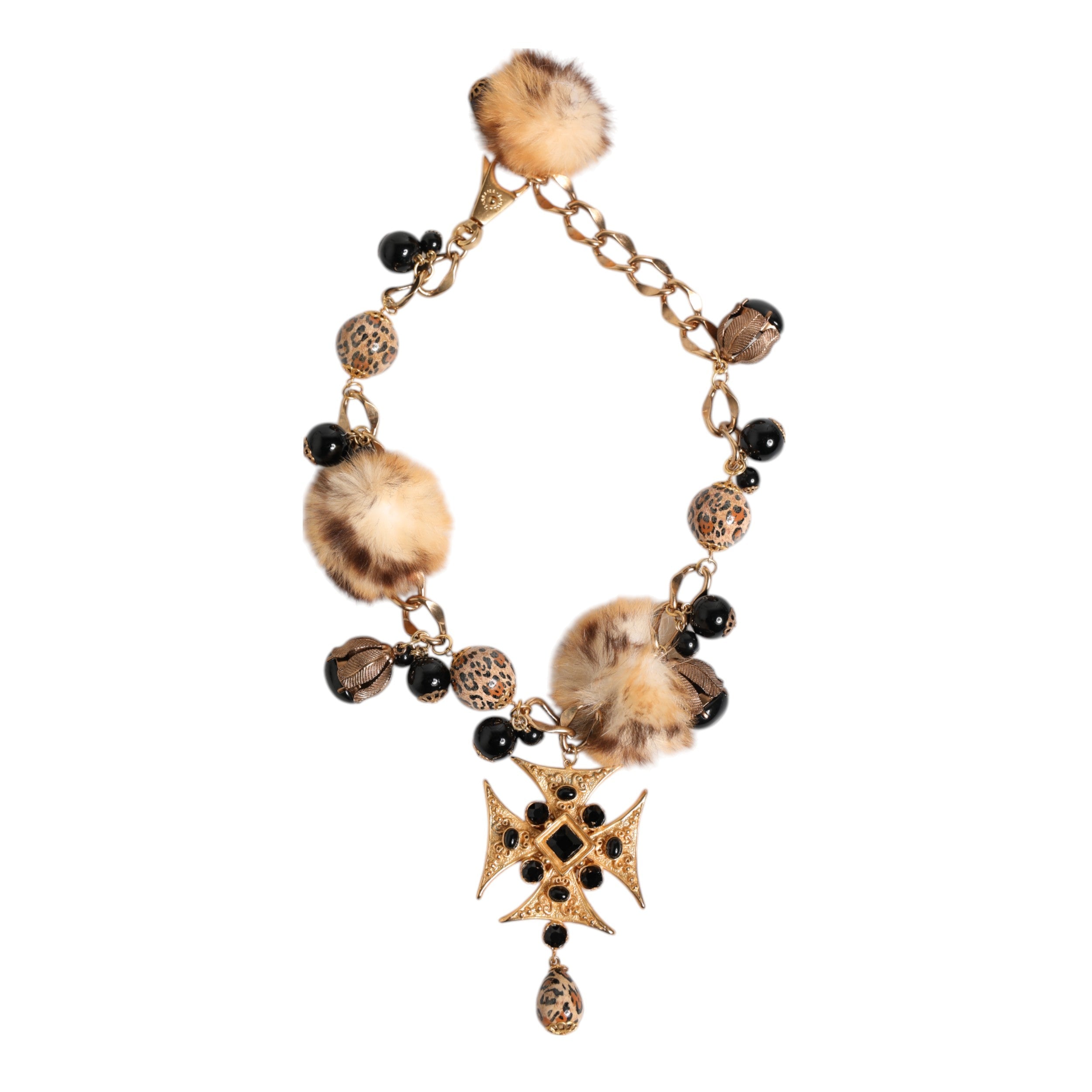 Dolce & Gabbana Gold Black Crystals Lapin Fur Filigree Choker Necklace LUNESCAPE