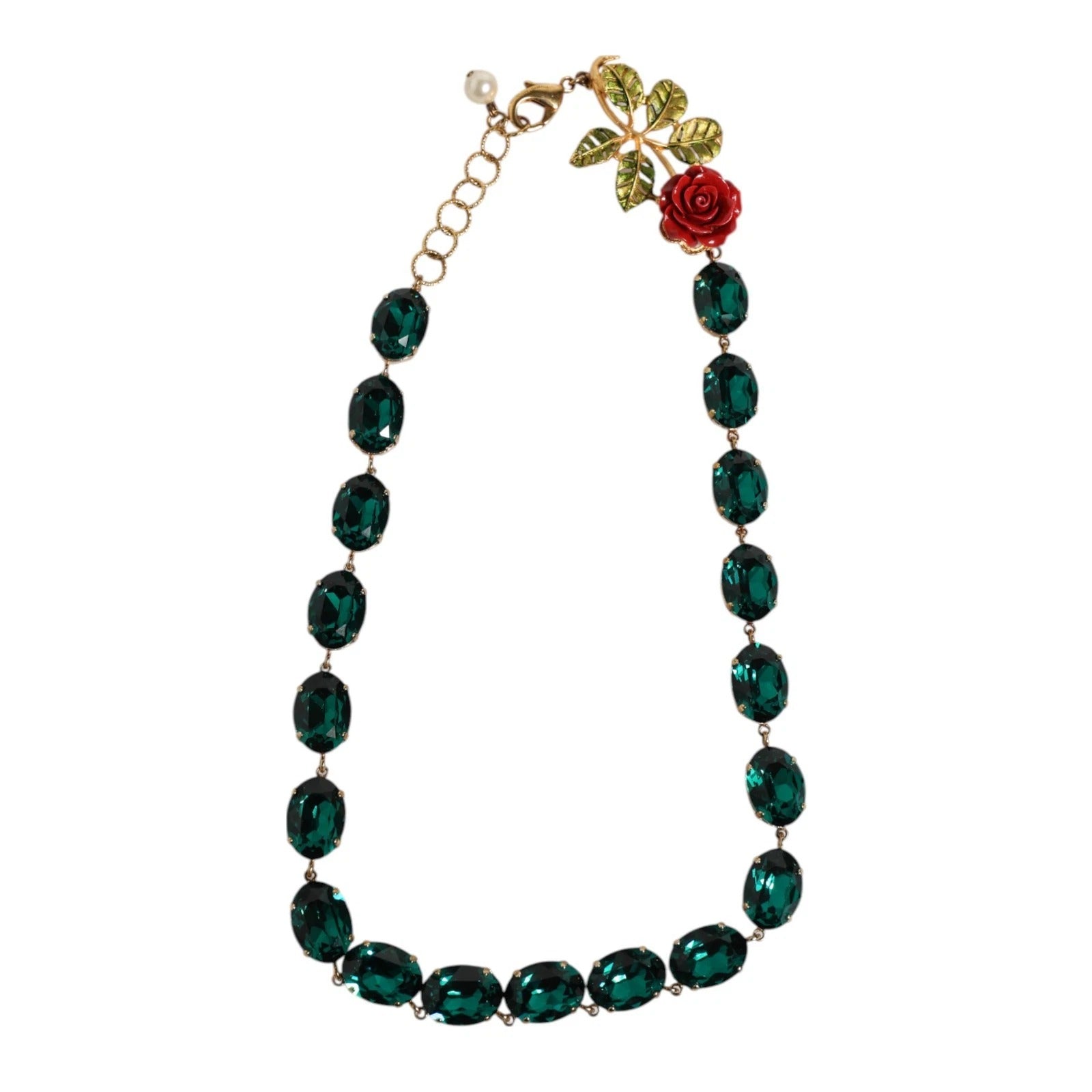 Dolce & Gabbana Red Rose Green Crystal Gold-Tone Chain Necklace LUNESCAPE