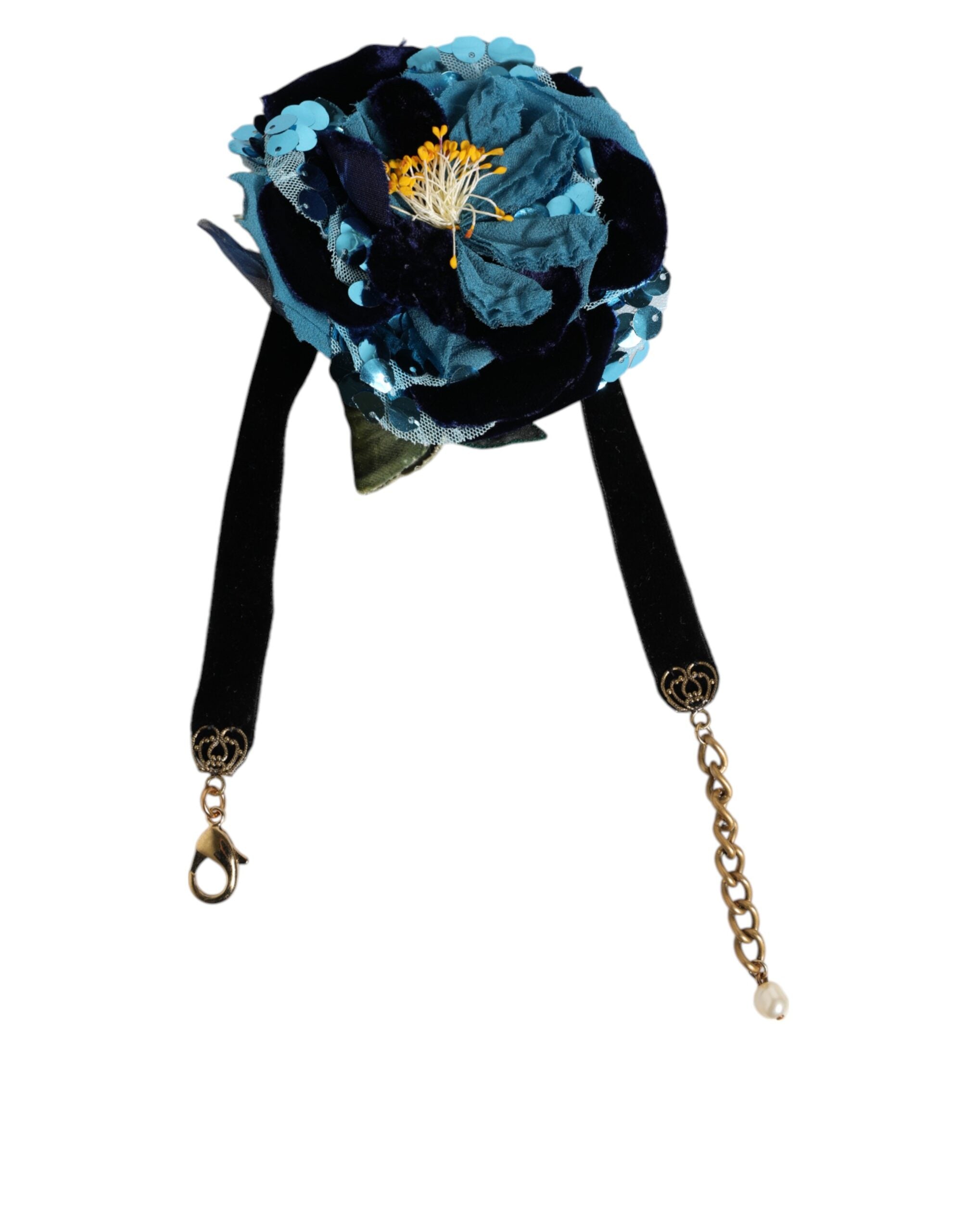 Dolce & Gabbana Blue Floral Appliqué Velvet Choker Crystal Beads Necklace LUNESCAPE