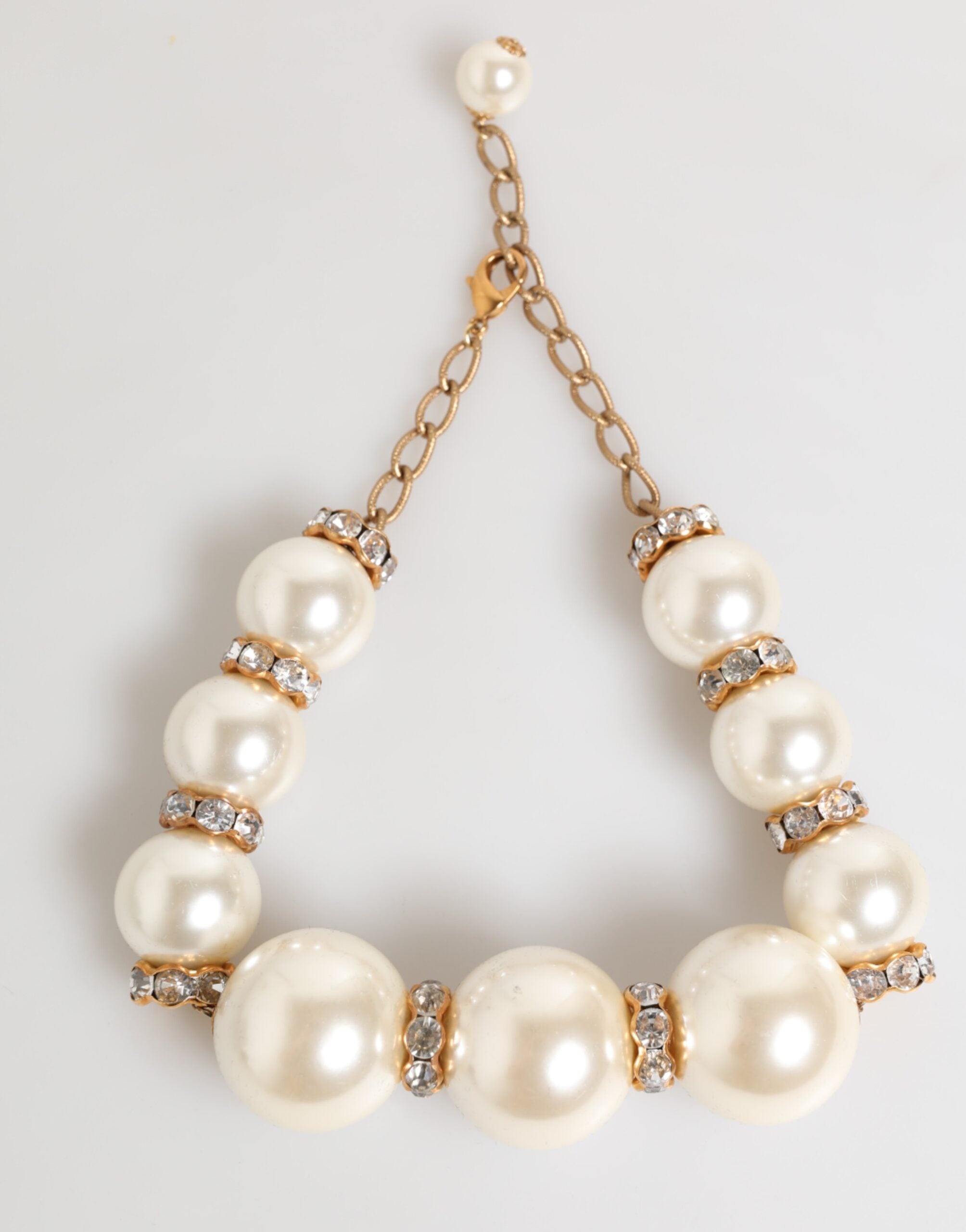 Dolce & Gabbana Gold Brass Faux Pearl Crystal Statement Luxury Jewelry Necklace LUNESCAPE