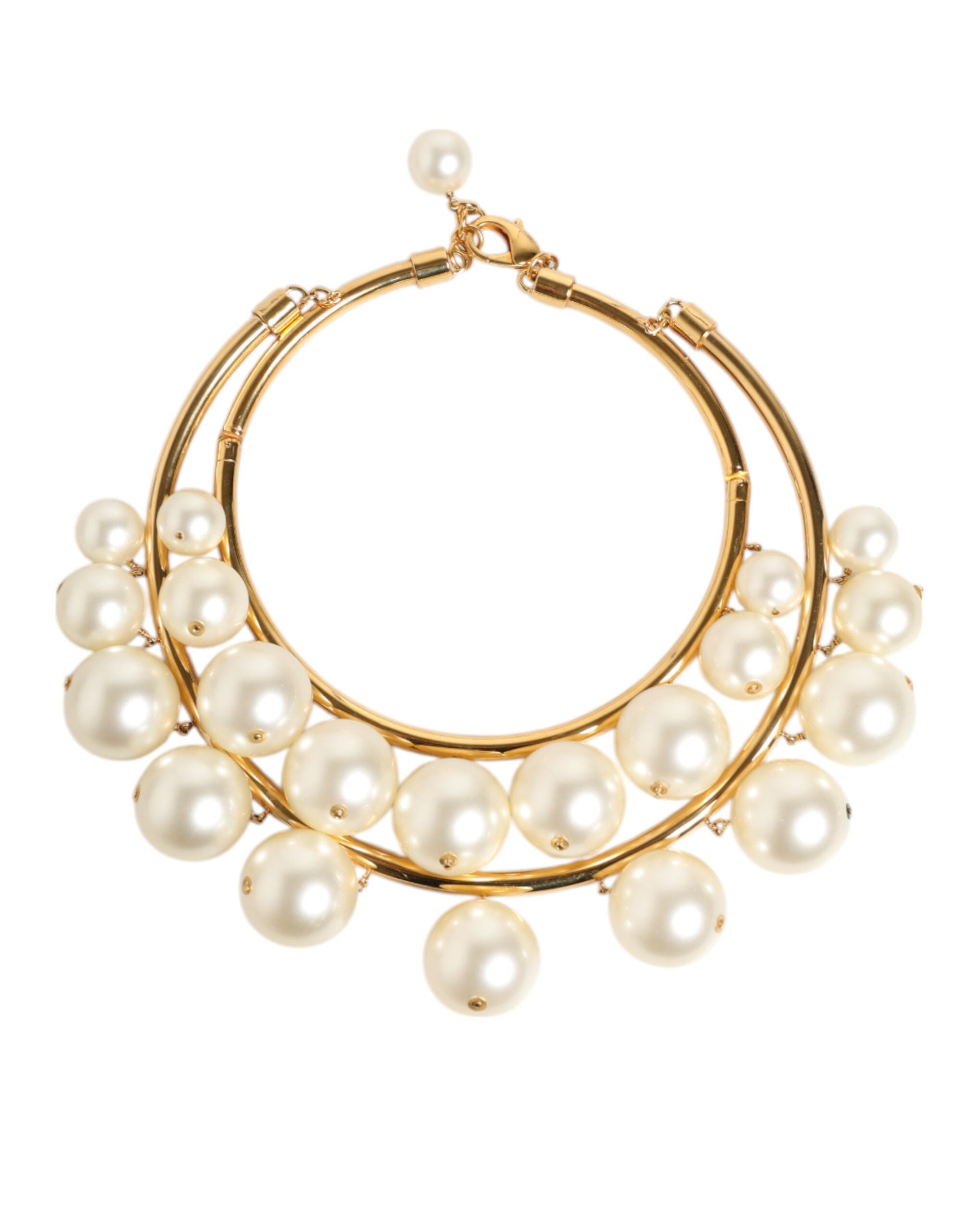 Dolce & Gabbana Gold Brass Faux Pearl Crystal Statement Luxury Jewelry Necklace LUNESCAPE