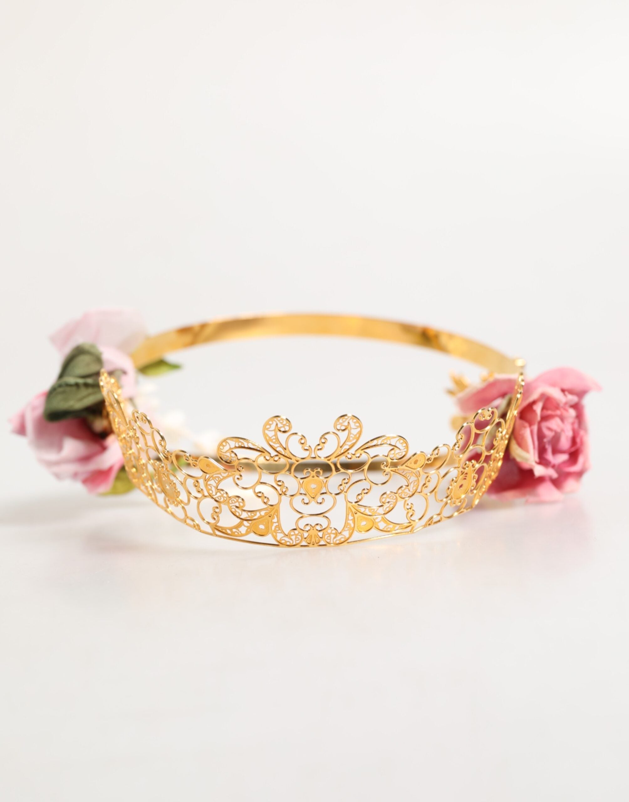 Dolce & Gabbana Gold Floral Tiara Pink Roses Crystal Crown Headband LUNESCAPE