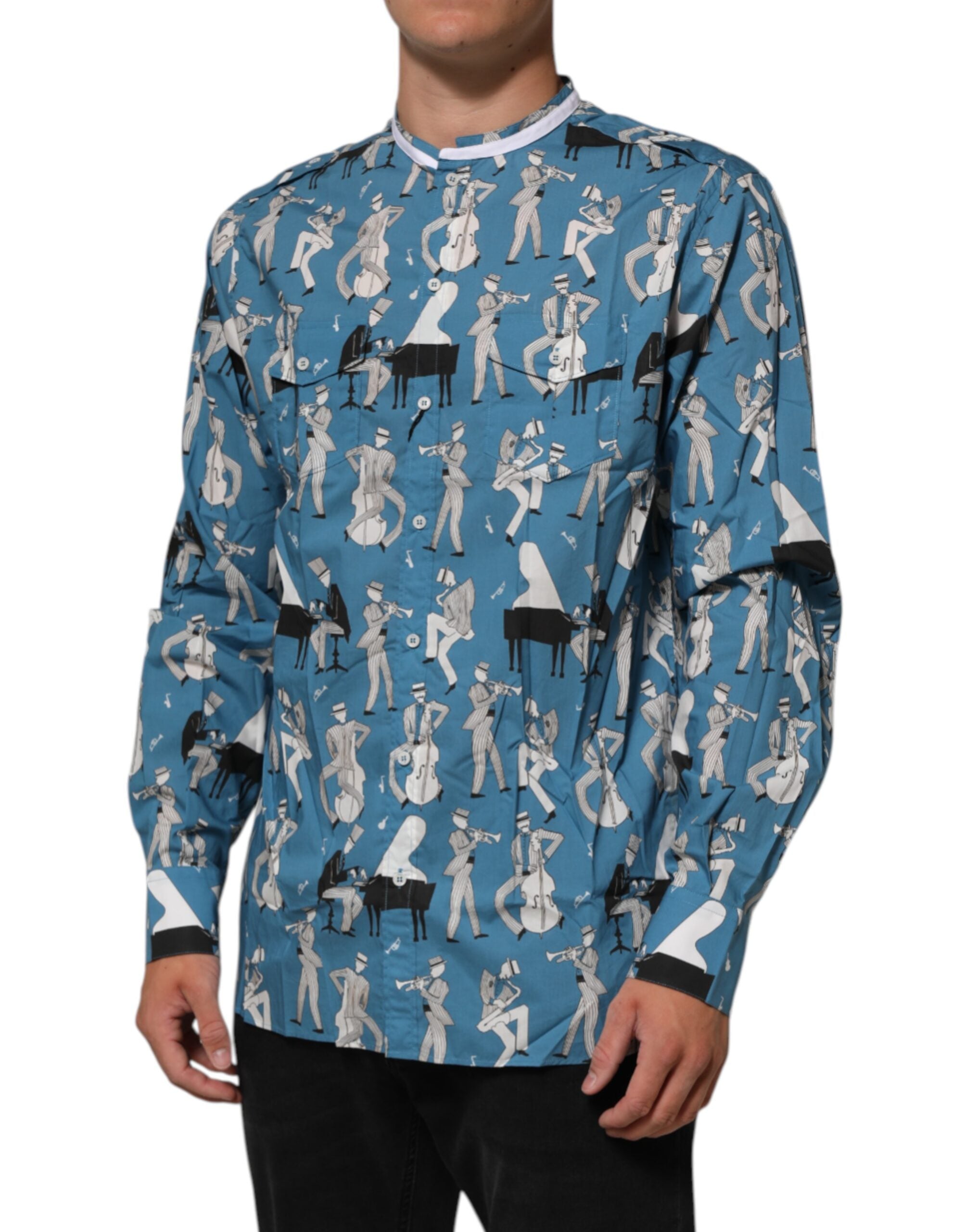 Dolce & Gabbana Blue Jazz Printed Cotton Button Front Shirt LUNESCAPE
