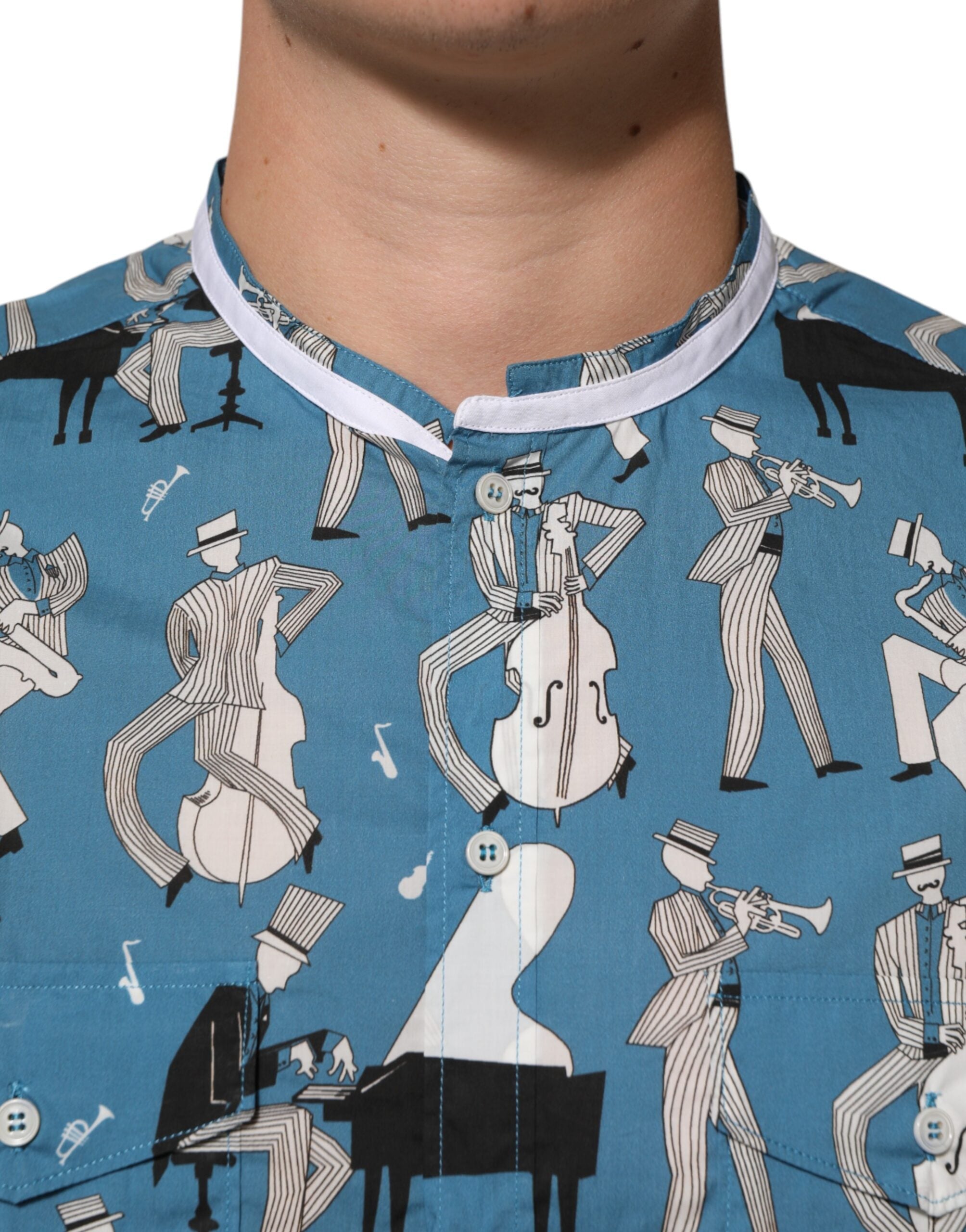 Dolce & Gabbana Blue Jazz Printed Cotton Button Front Shirt LUNESCAPE