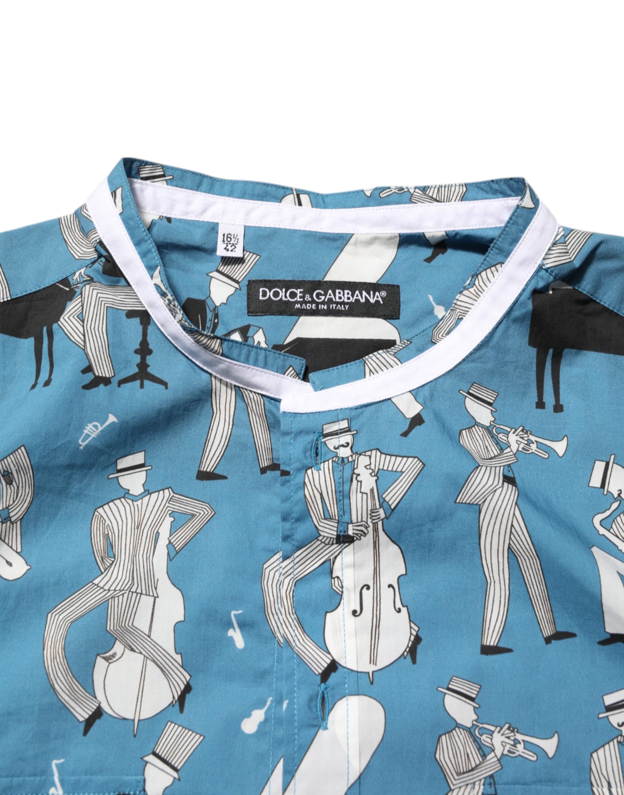 Dolce & Gabbana Blue Jazz Printed Cotton Button Front Shirt LUNESCAPE